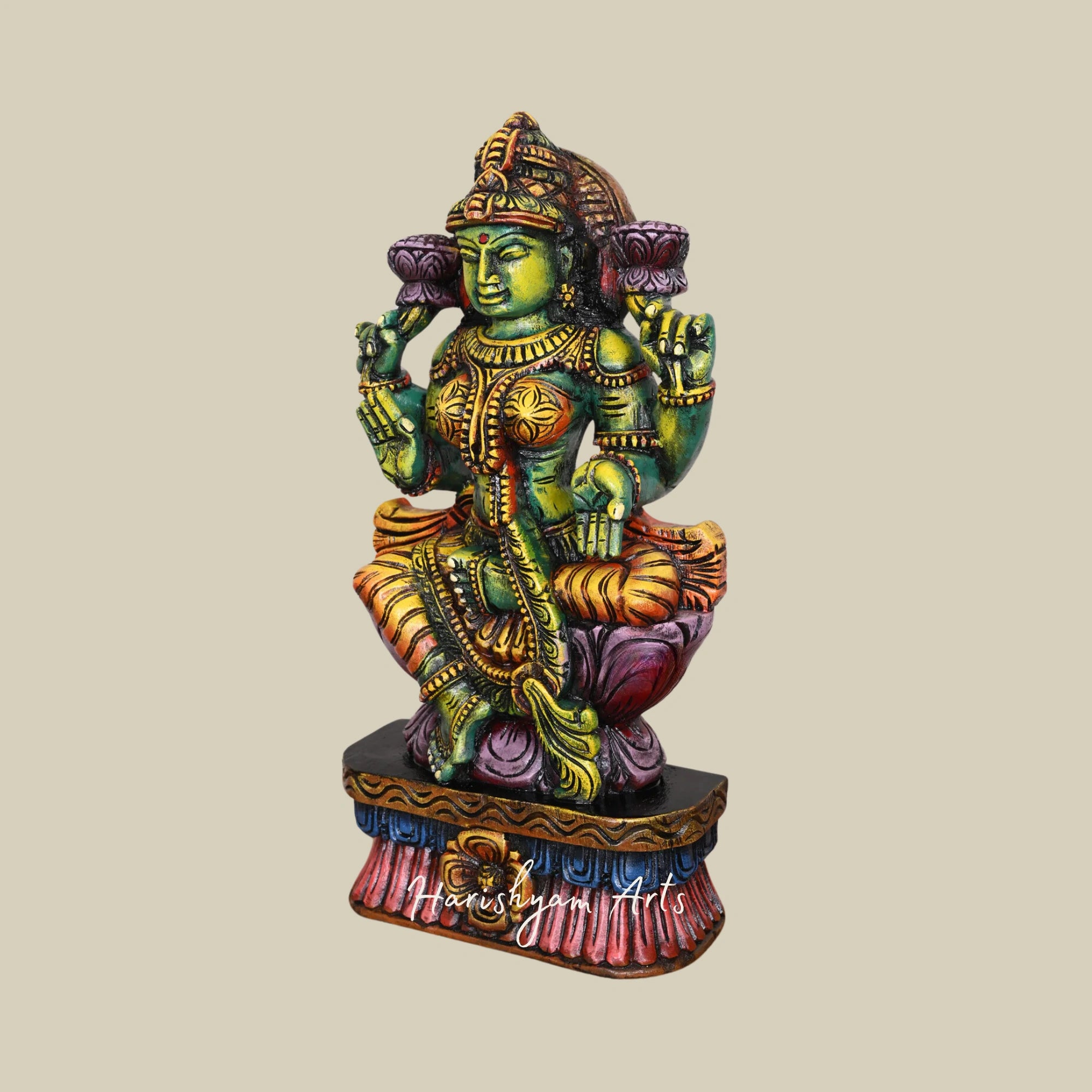 24" Green Wooden Lakshmi Devi Seated on Lotus, Beautiful Handmade Statue for Home3