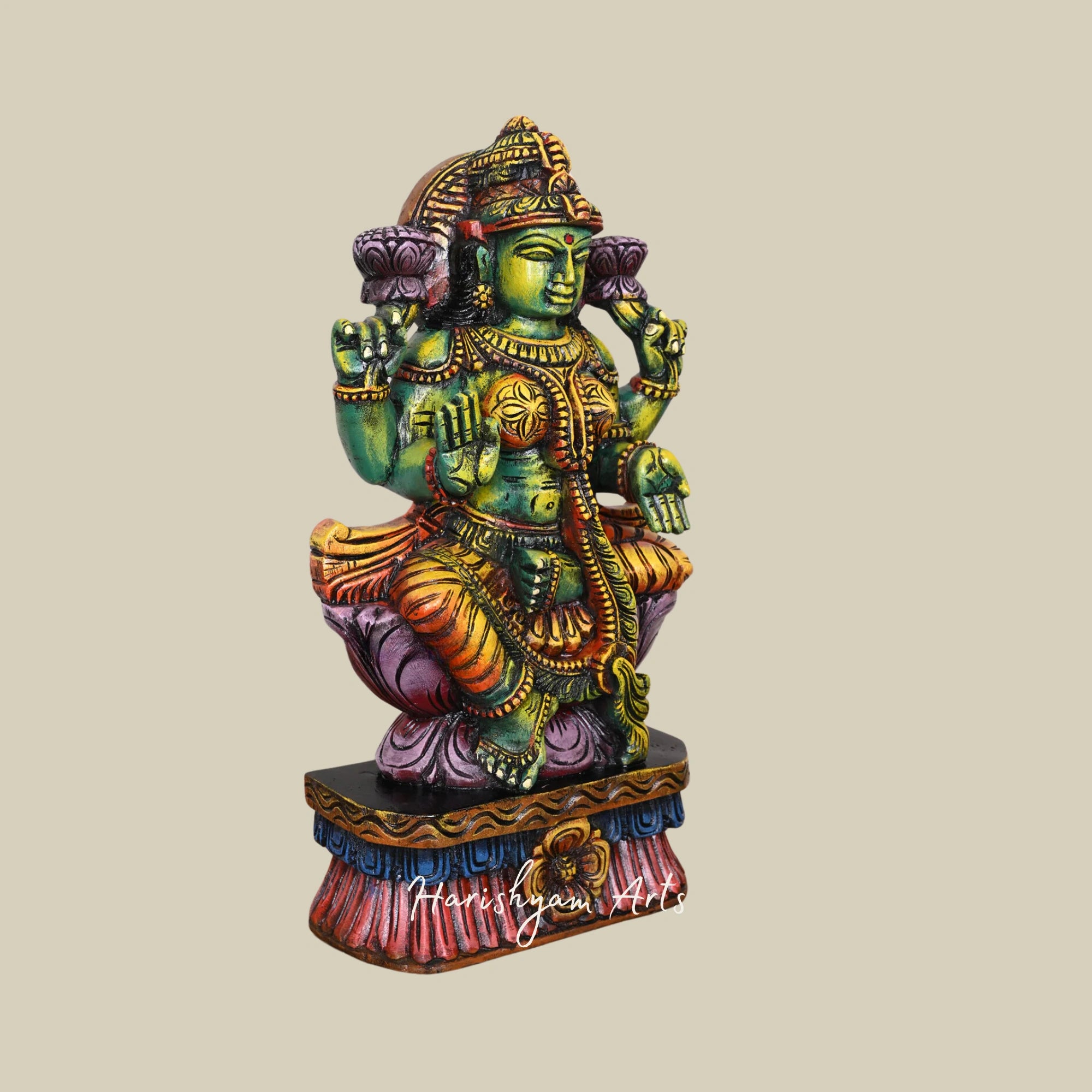 24" Green Wooden Lakshmi Devi Seated on Lotus, Beautiful Handmade Statue for Home4