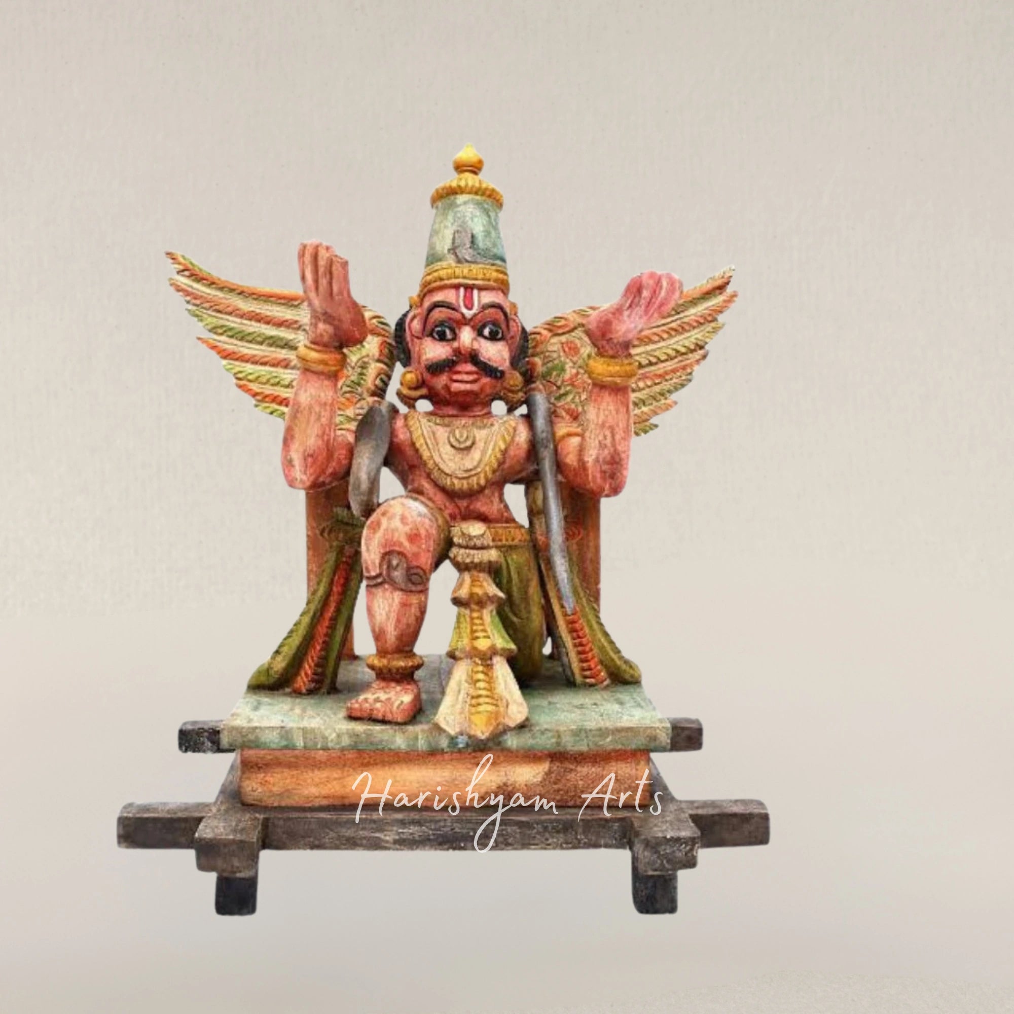 24" Hand Carved Garuda Figurine on Decorative Base Wooden Spiritual Statue