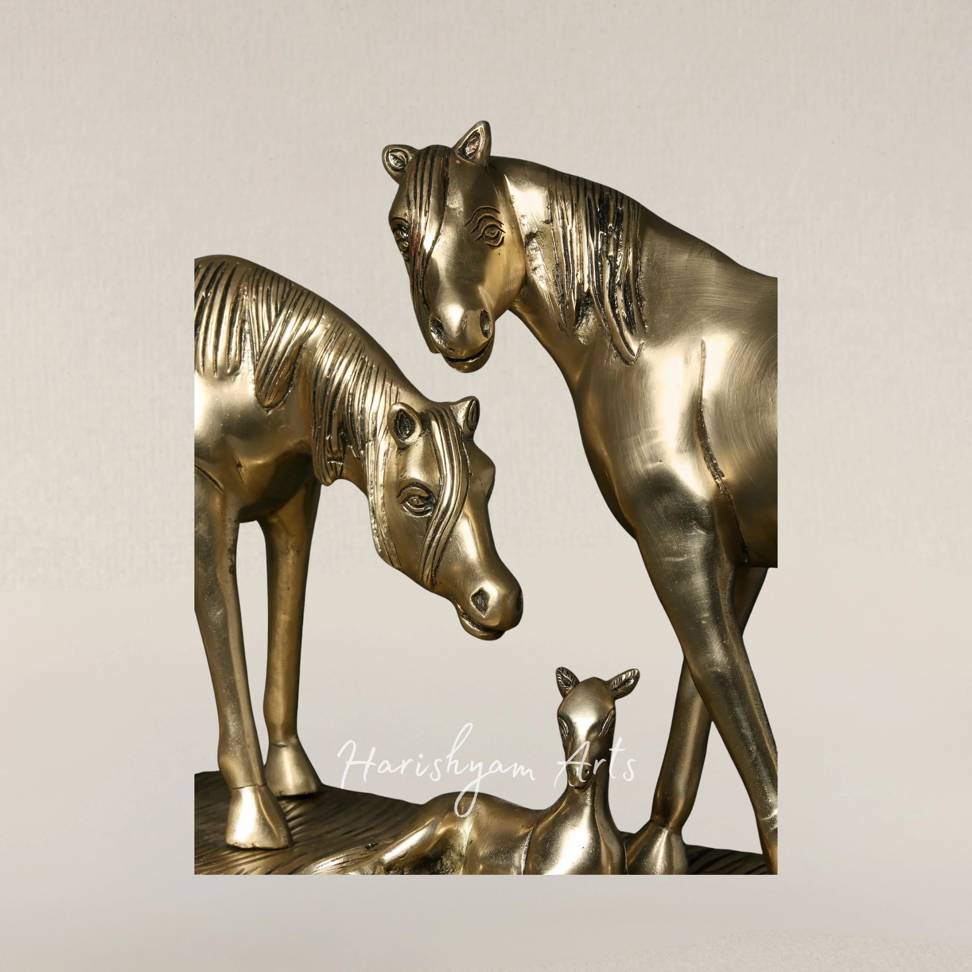 24" Handcrafted Brass Horse Family Figurine for Classic Interior Styling