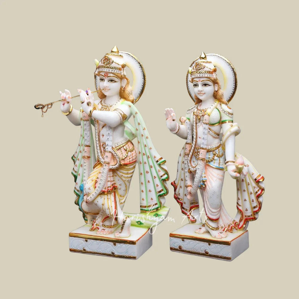 24" Handcrafted Marble Radha Krishna Murti Set with Intricate Jewelry and Colorful Detailing for Home Temple