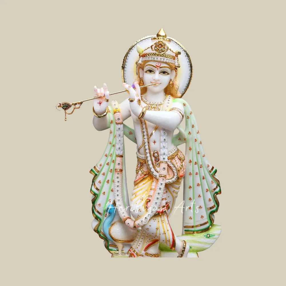 24" Handcrafted Marble Radha Krishna Murti Set with Intricate Jewelry and Colorful Detailing for Home Temple