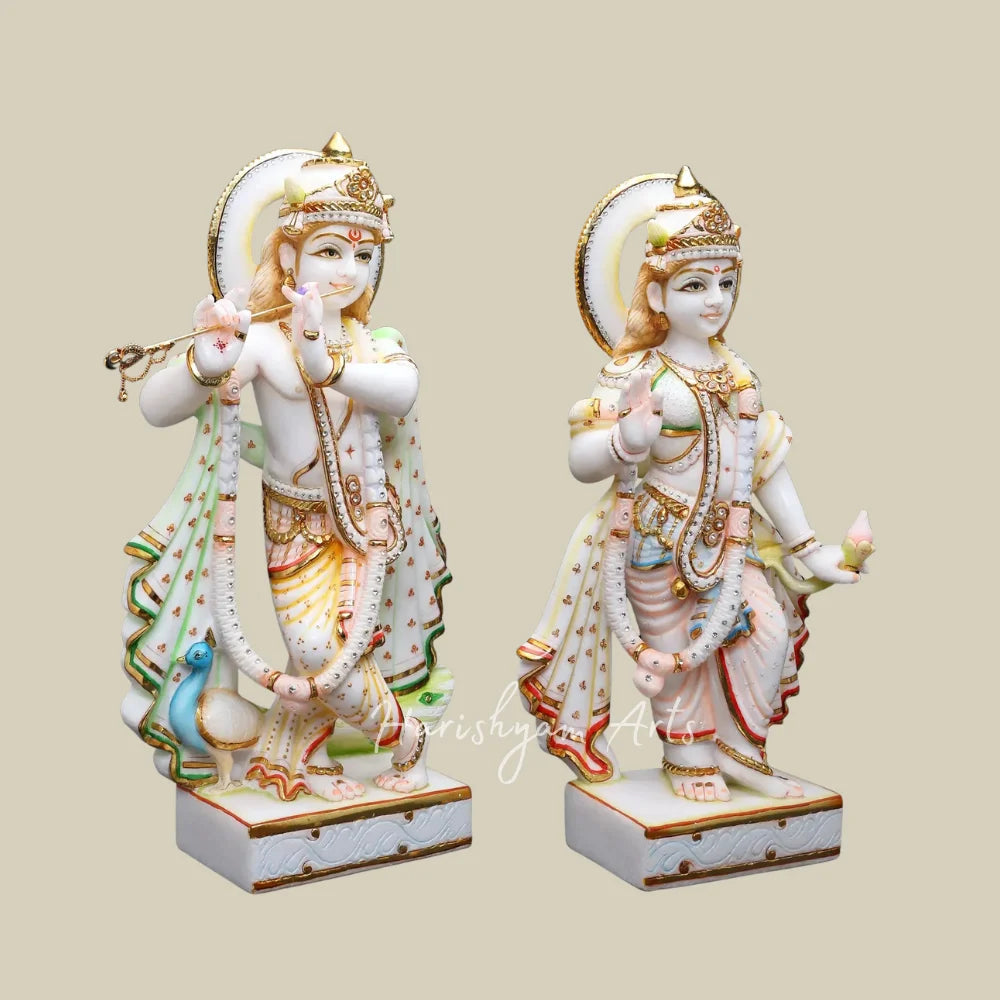 24" Handcrafted Marble Radha Krishna Murti Set with Intricate Jewelry and Colorful Detailing for Home Temple