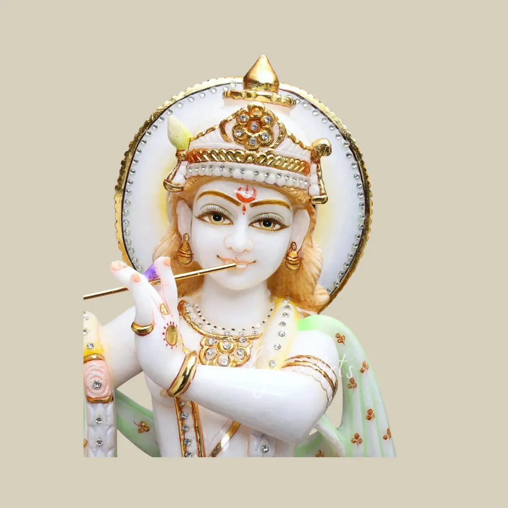 24" Handcrafted Marble Radha Krishna Murti Set with Intricate Jewelry and Colorful Detailing for Home Temple
