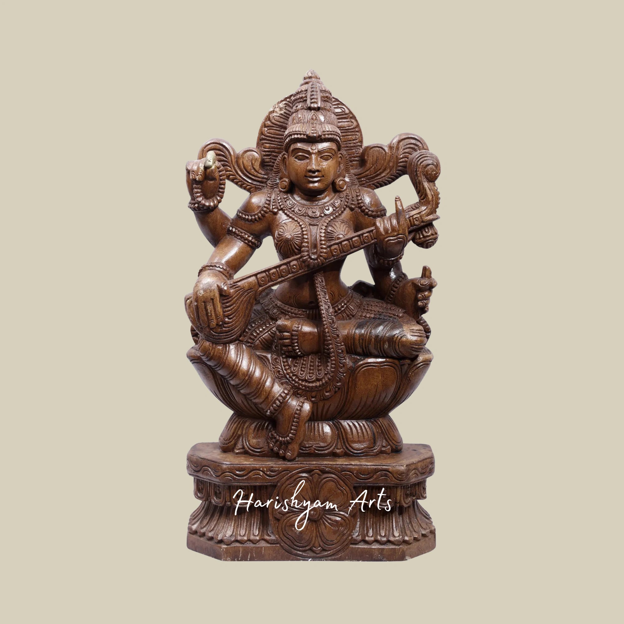 24" Intricate Saraswati Wooden Carving – Devi Seated on Lotus