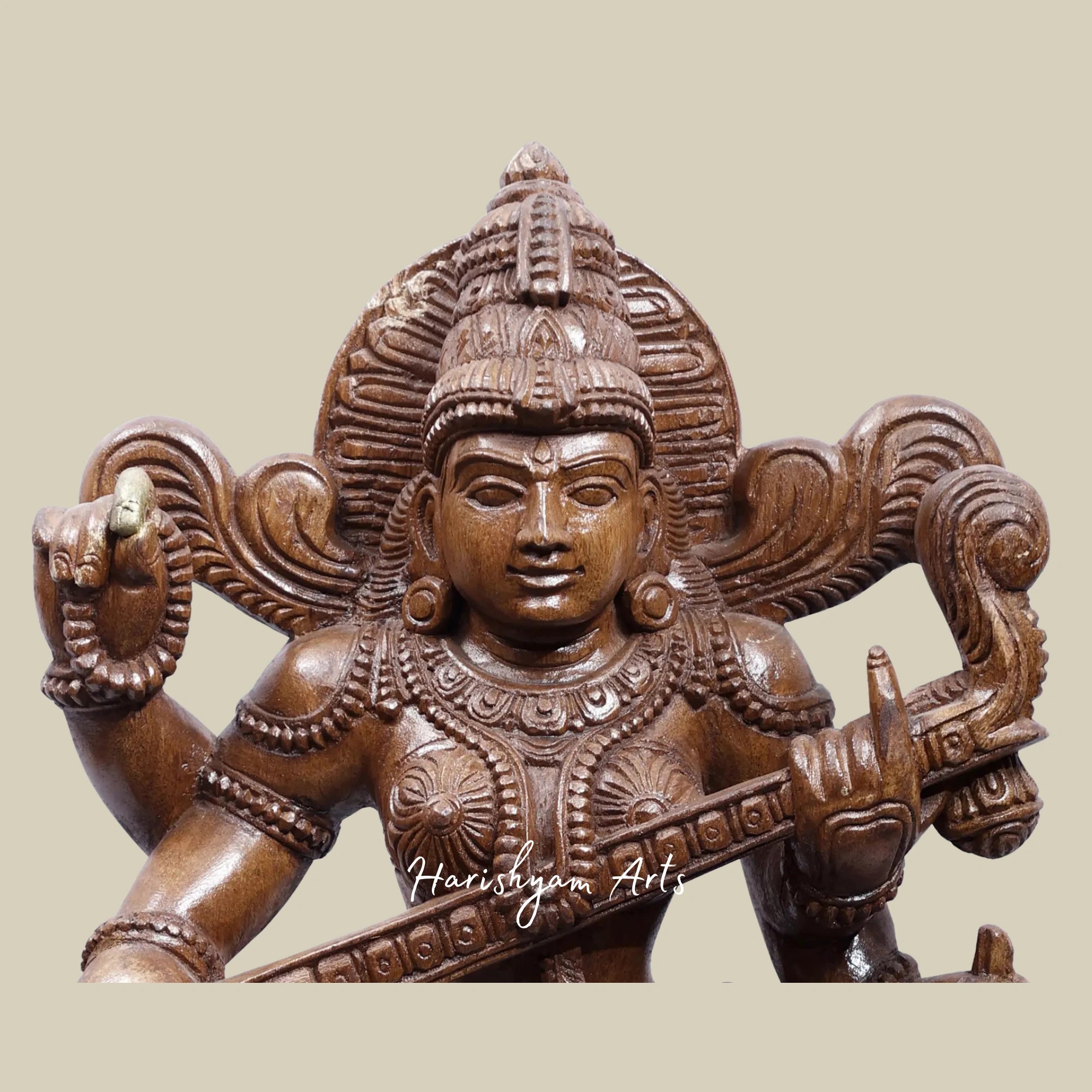 24" Intricate Saraswati Wooden Carving – Devi Seated on Lotus1