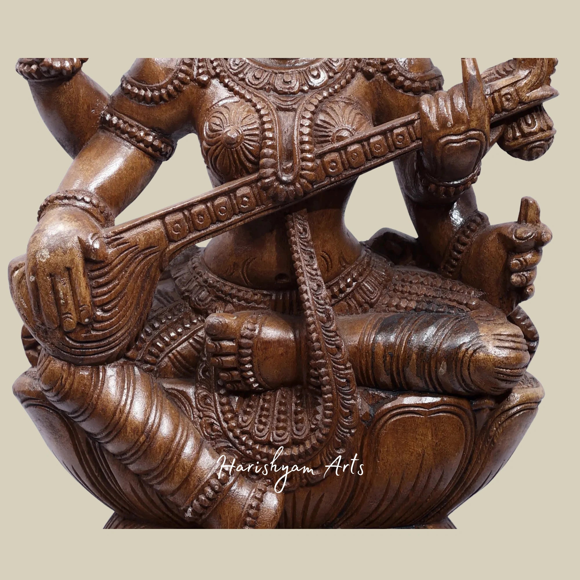 24" Intricate Saraswati Wooden Carving – Devi Seated on Lotus2