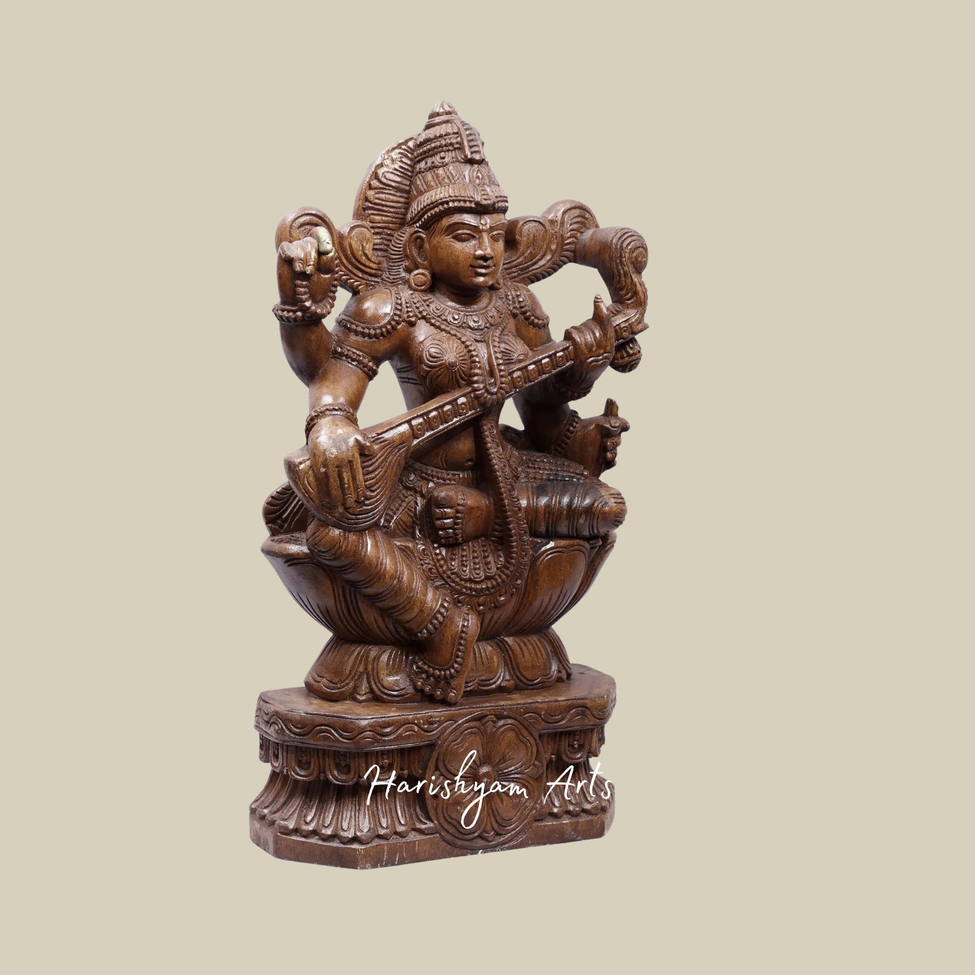 24" Intricate Saraswati Wooden Carving – Devi Seated on Lotus4