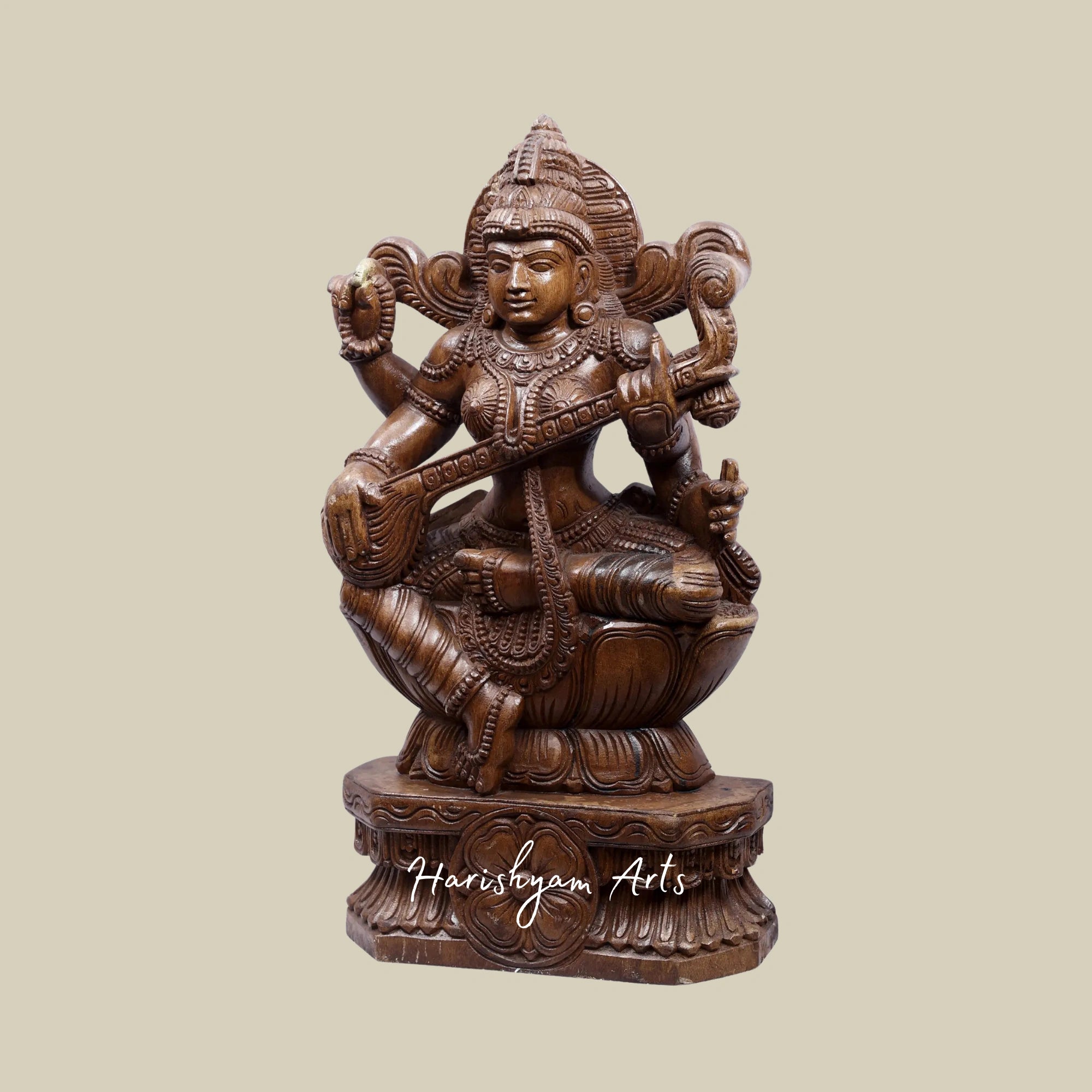 24" Intricate Saraswati Wooden Carving – Devi Seated on Lotus5