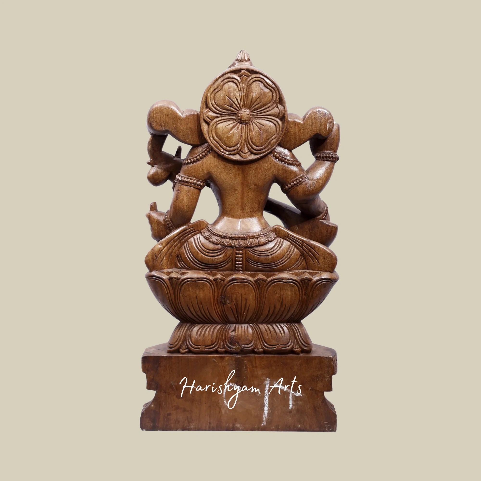 24" Intricate Saraswati Wooden Carving – Devi Seated on Lotus6