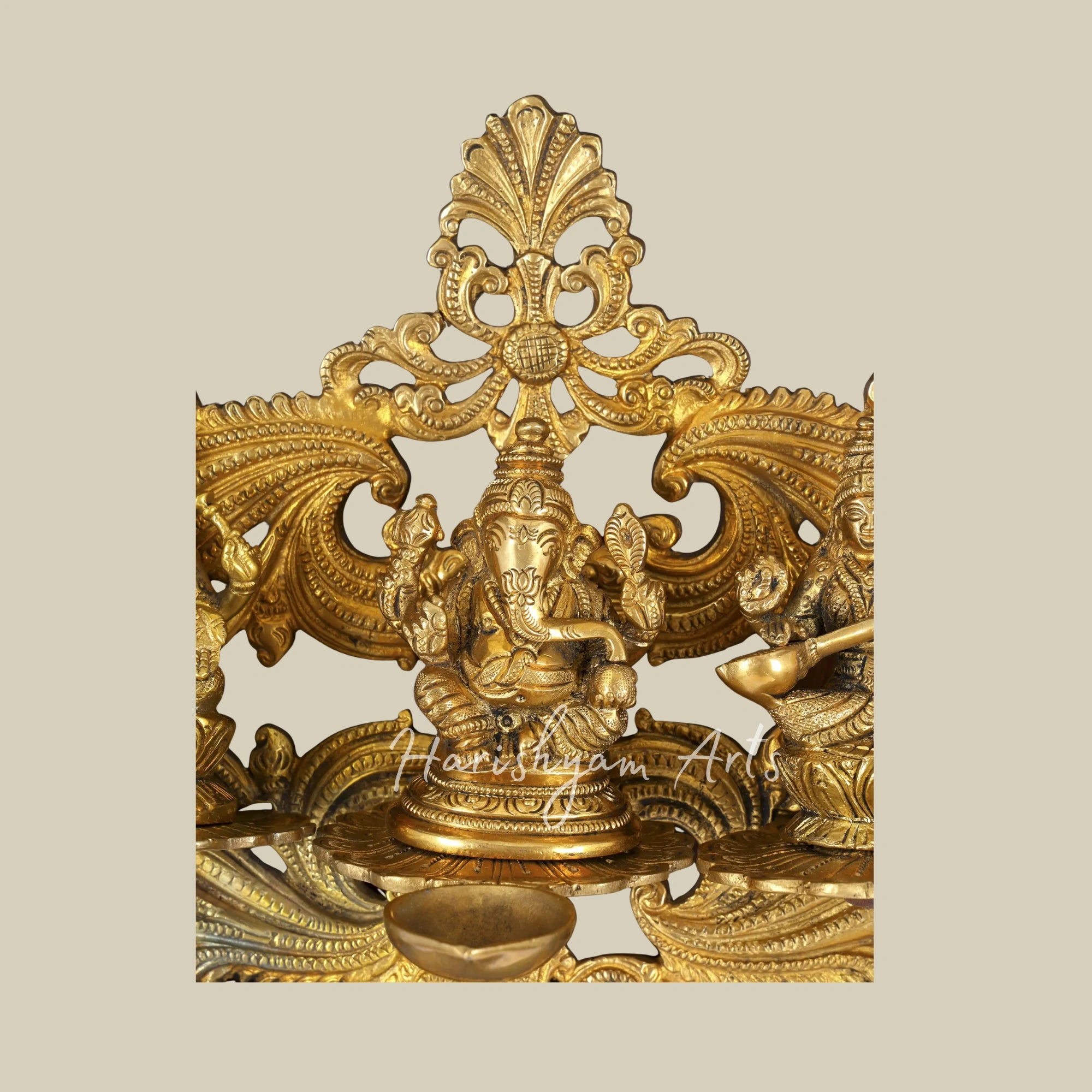 24" Lakshmi Ganesha Saraswati Brass Wall Art with Diya and Wooden Frame