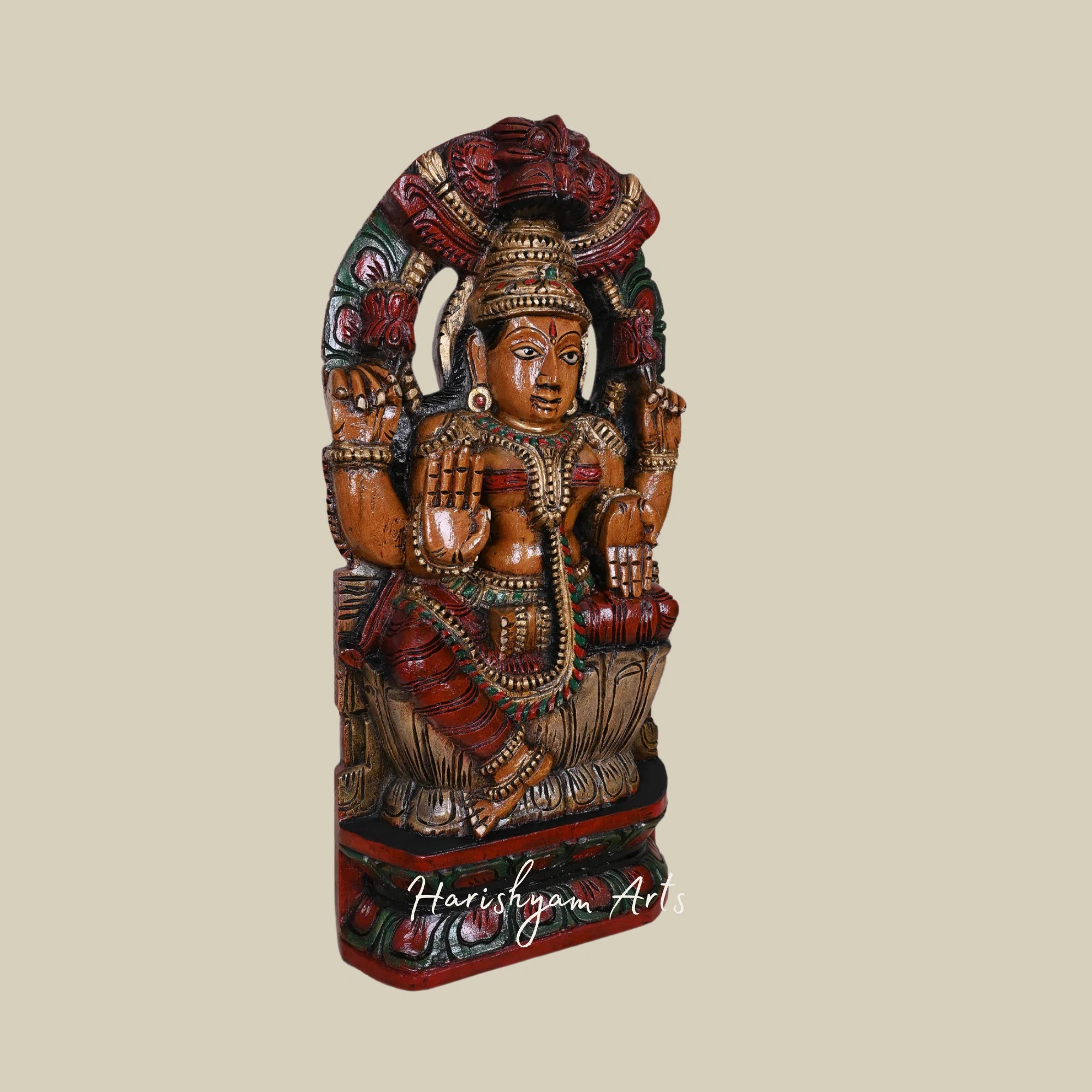 24" Lakshmi Wooden Sculpture for Pooja with Sivagami Arch Design, Multicolored Wall Mount with Hooks