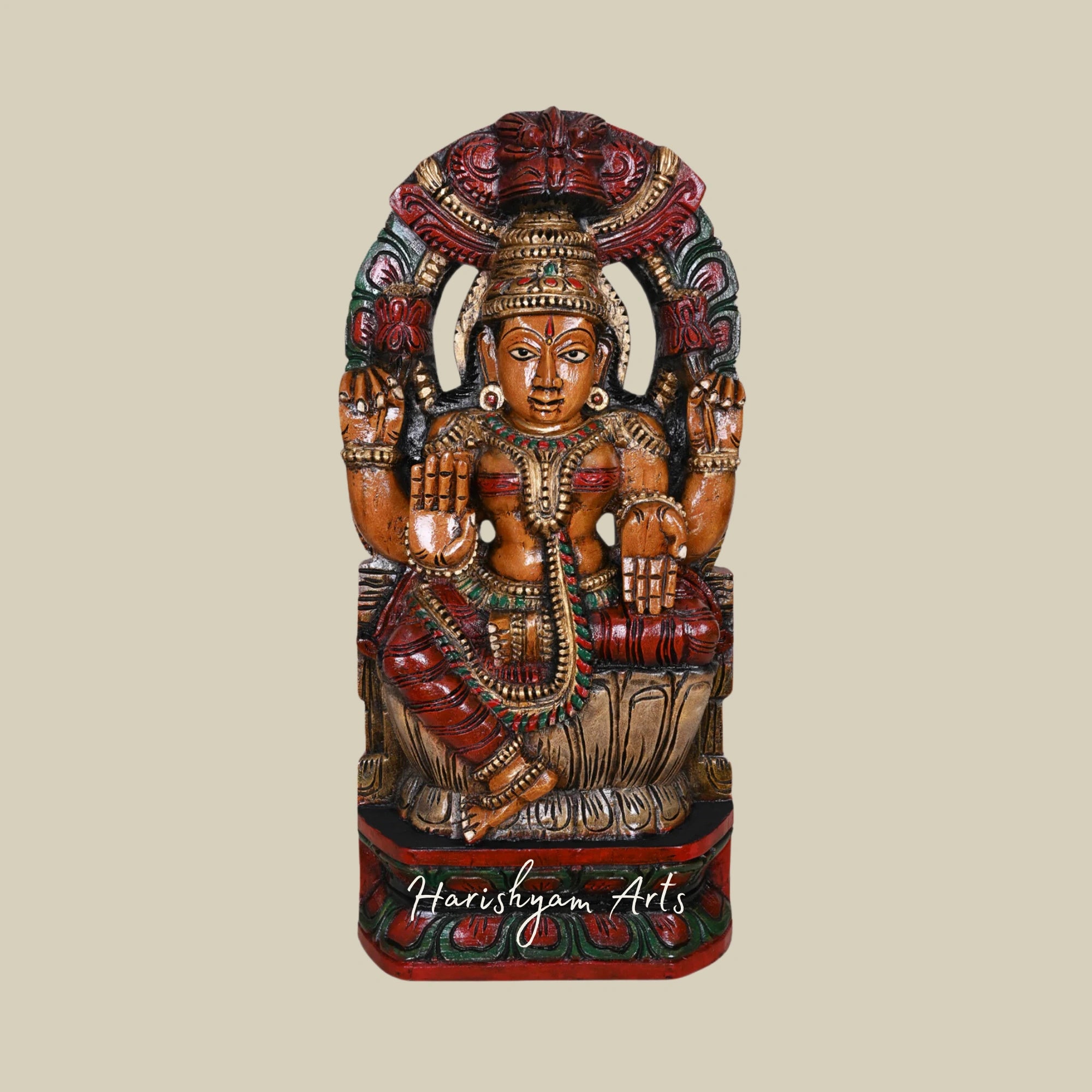 24" Lakshmi Wooden Sculpture for Pooja with Sivagami Arch Design, Multicolored Wall Mount with Hooks1