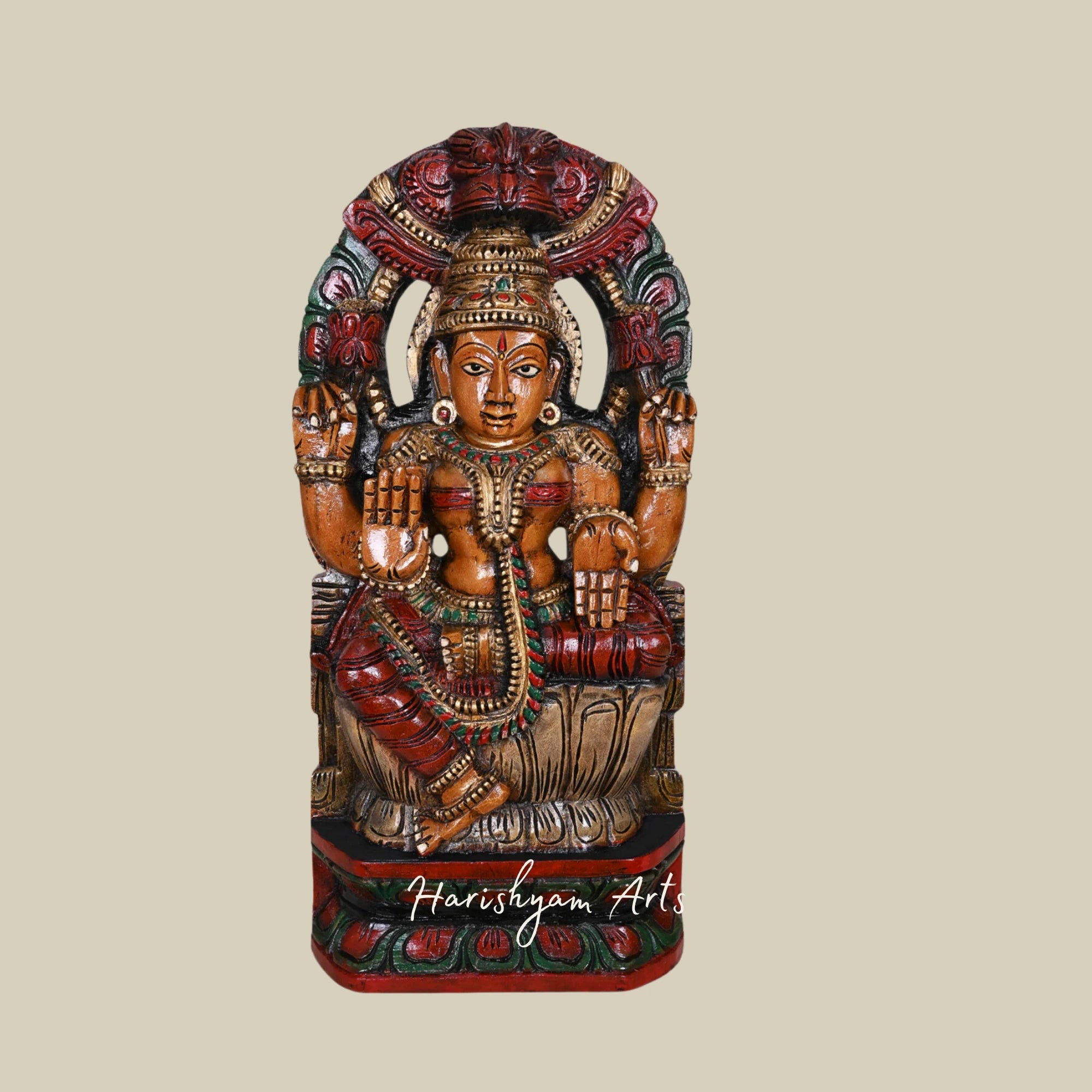 24" Lakshmi Wooden Sculpture for Pooja with Sivagami Arch Design, Multicolored Wall Mount with Hooks2