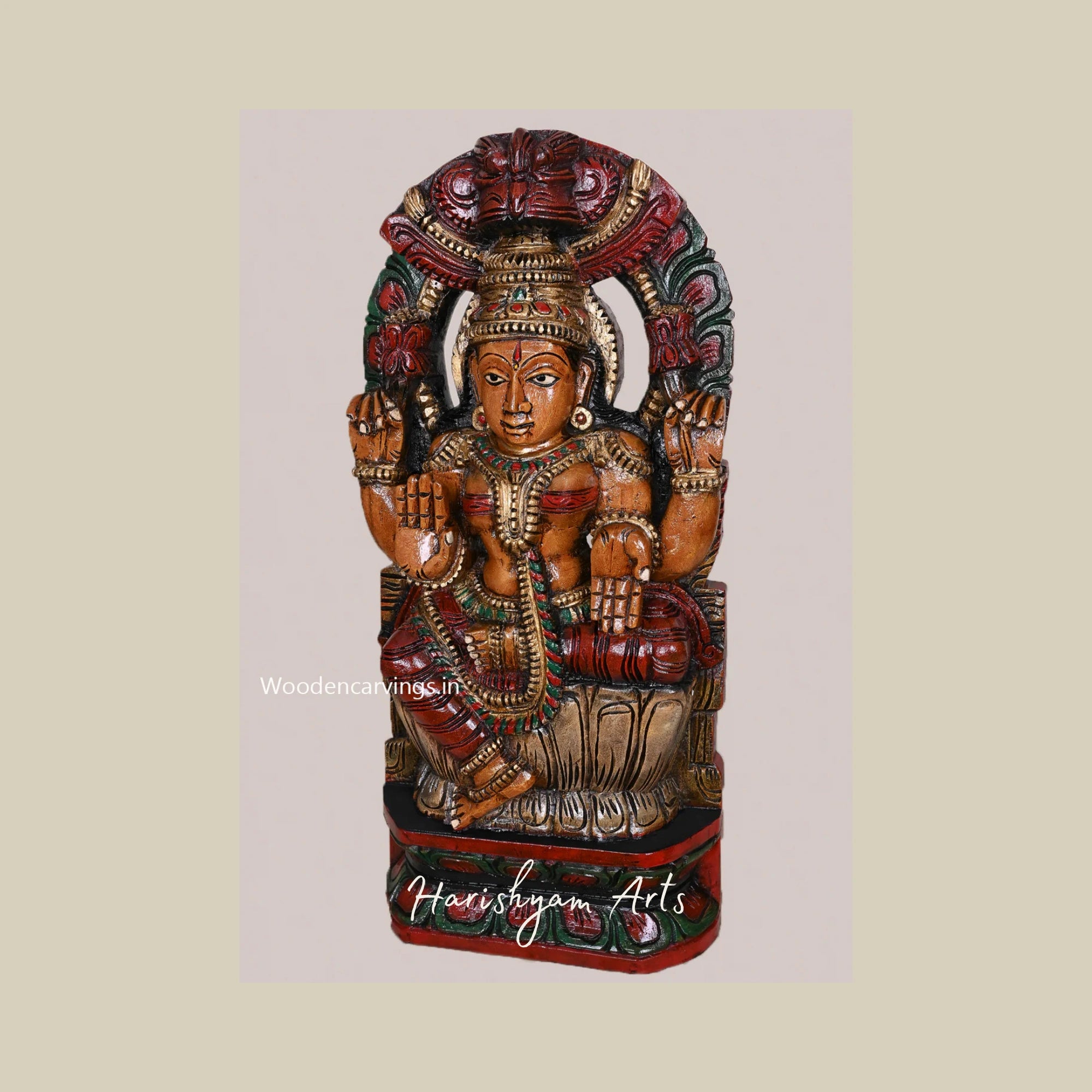 24" Lakshmi Wooden Sculpture for Pooja with Sivagami Arch Design, Multicolored Wall Mount with Hooks4