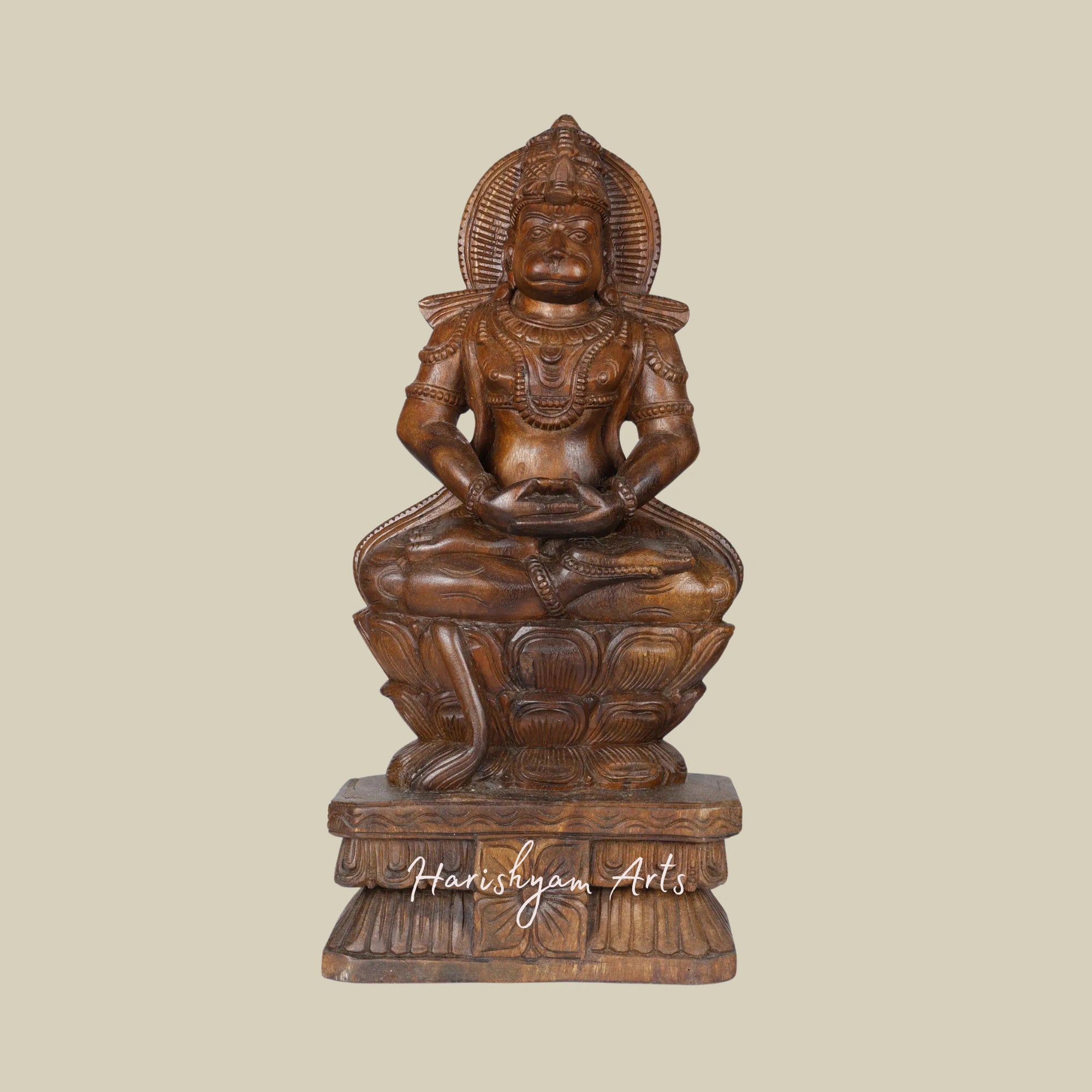 24" Lord Hanuman Seated on a Lotus Base Hand-Carved Wood Statue