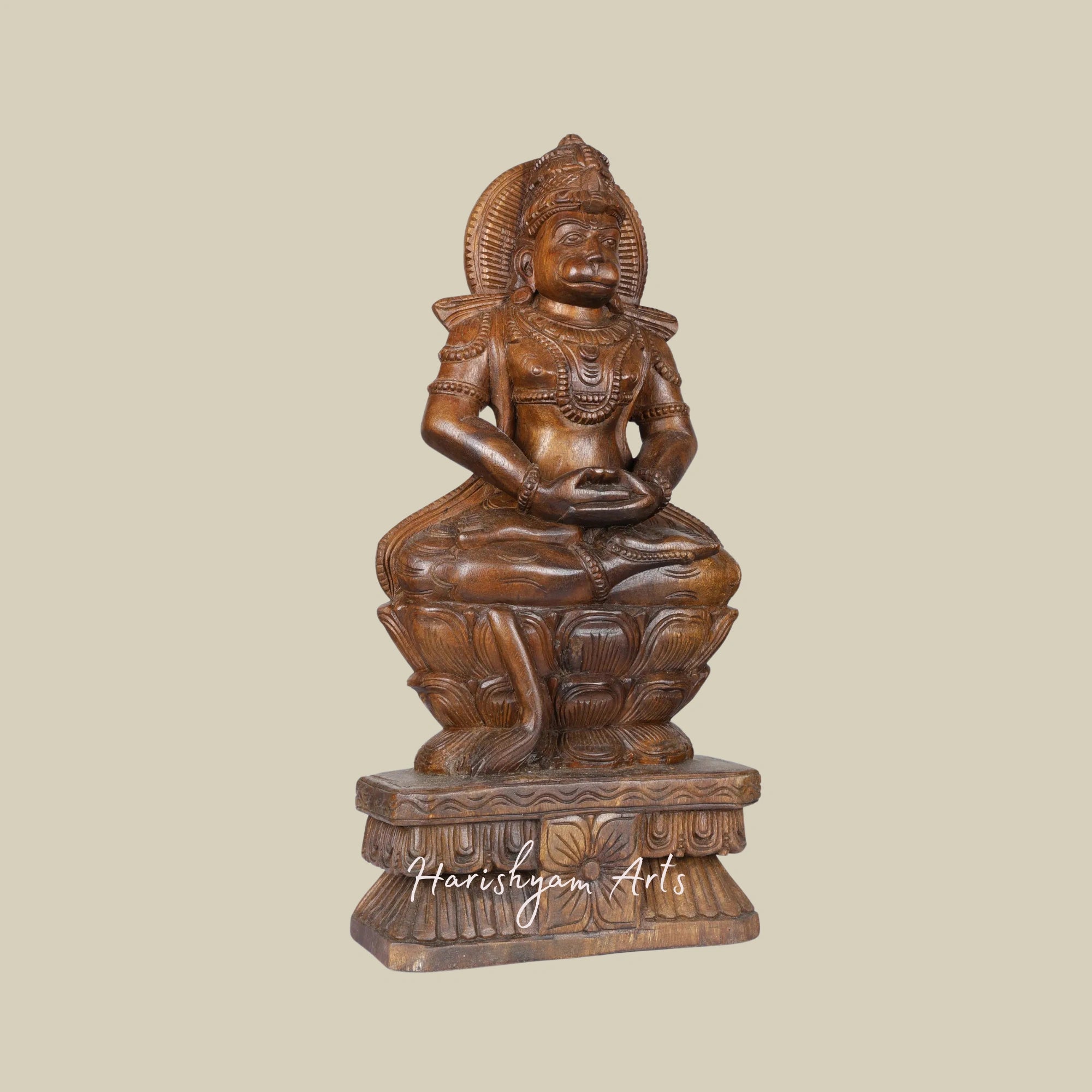 24" Lord Hanuman Seated on a Lotus Base Hand-Carved Wood Statue1