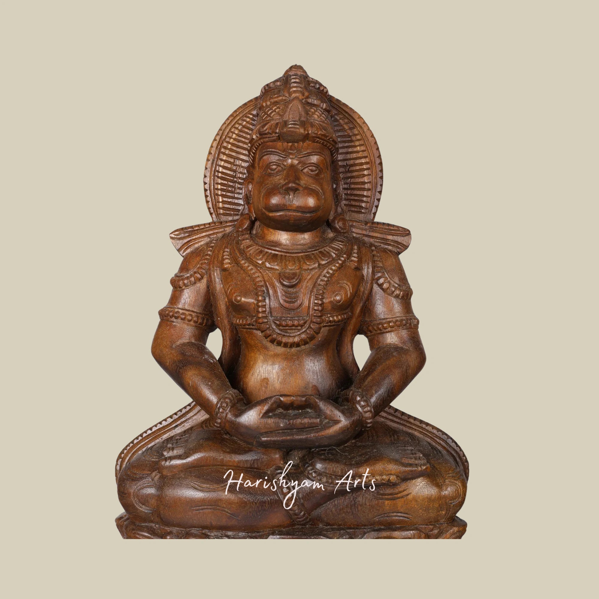 24" Lord Hanuman Seated on a Lotus Base Hand-Carved Wood Statue2