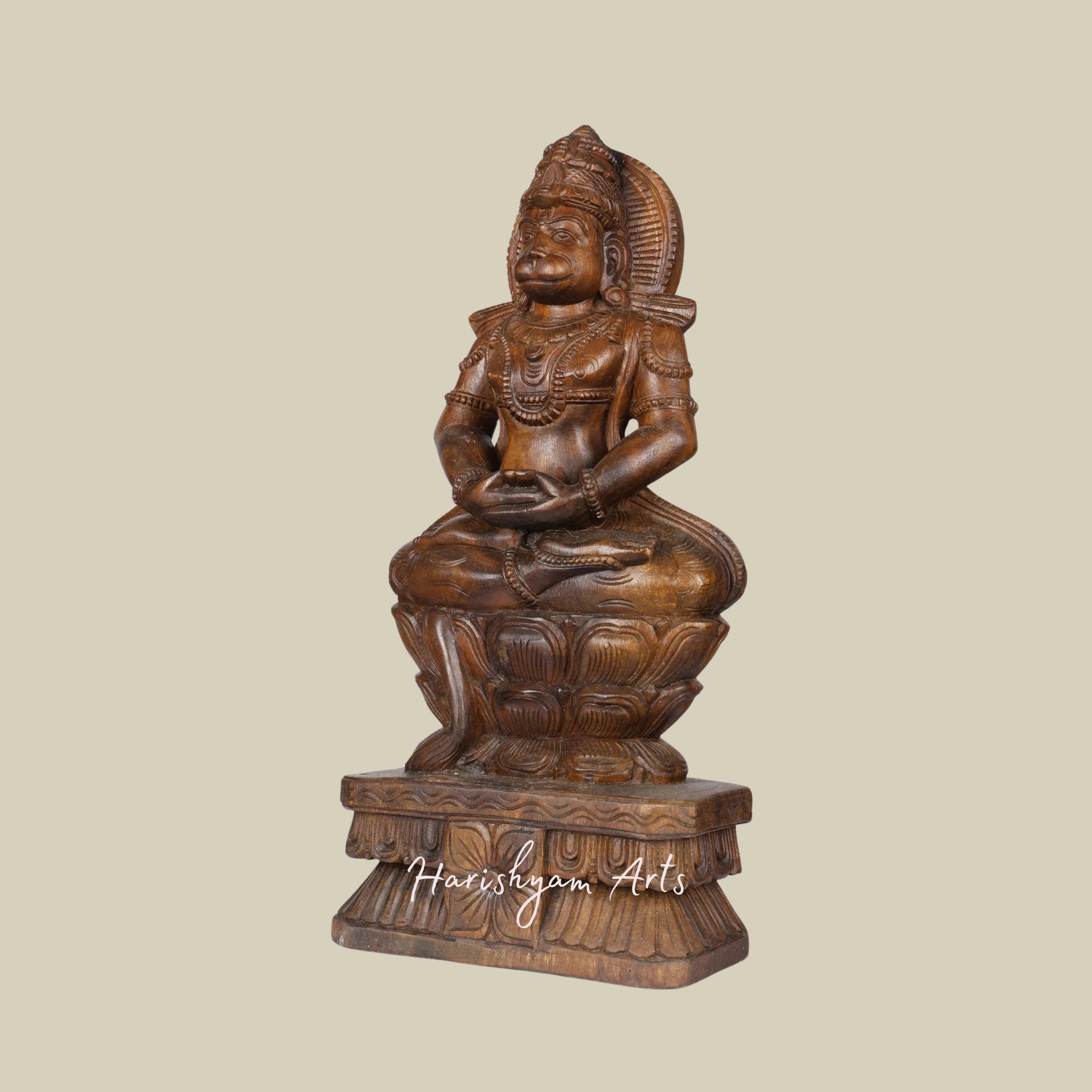 24" Lord Hanuman Seated on a Lotus Base Hand-Carved Wood Statue3