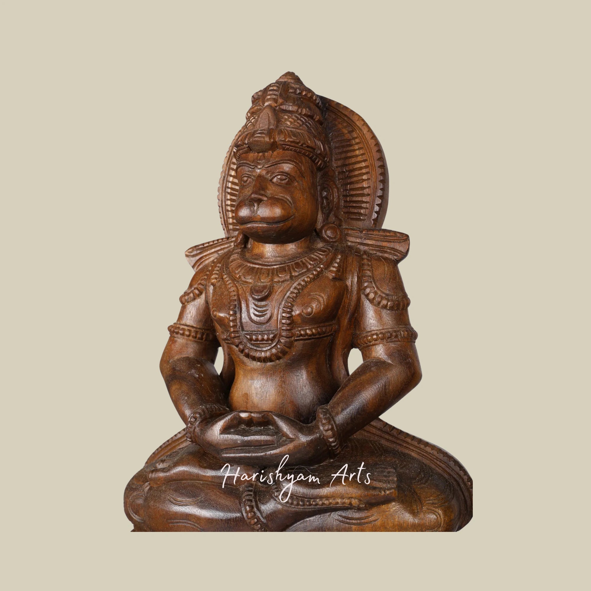 24" Lord Hanuman Seated on a Lotus Base Hand-Carved Wood Statue4