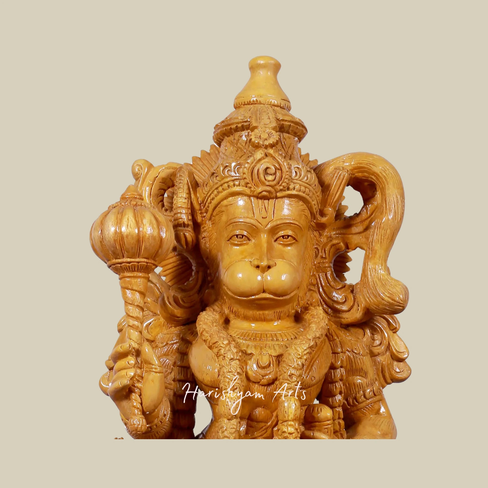 24" Lord Hanuman Wooden Statue with Gada on Ornate Pedestal