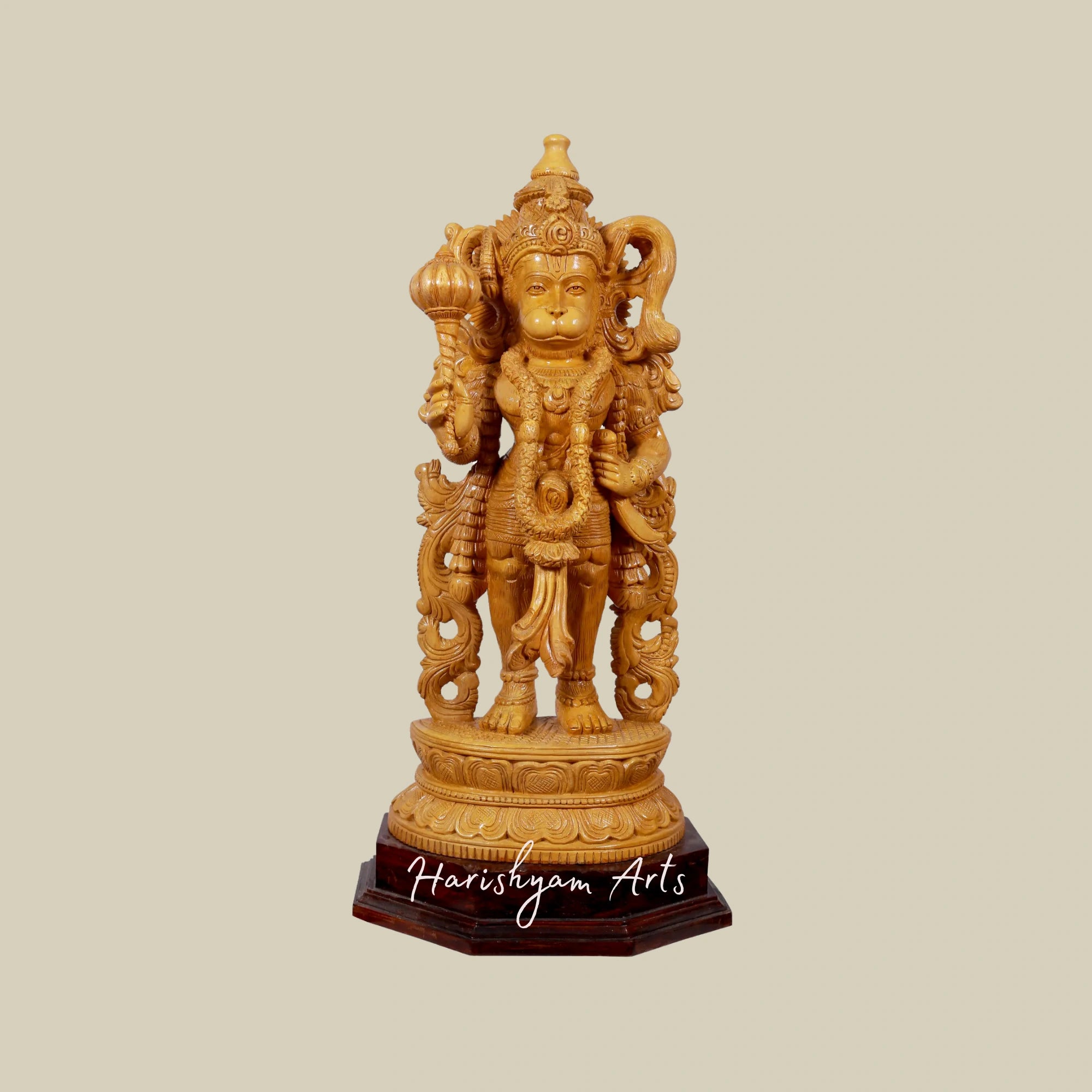 24" Lord Hanuman Wooden Statue with Gada on Ornate Pedestal1