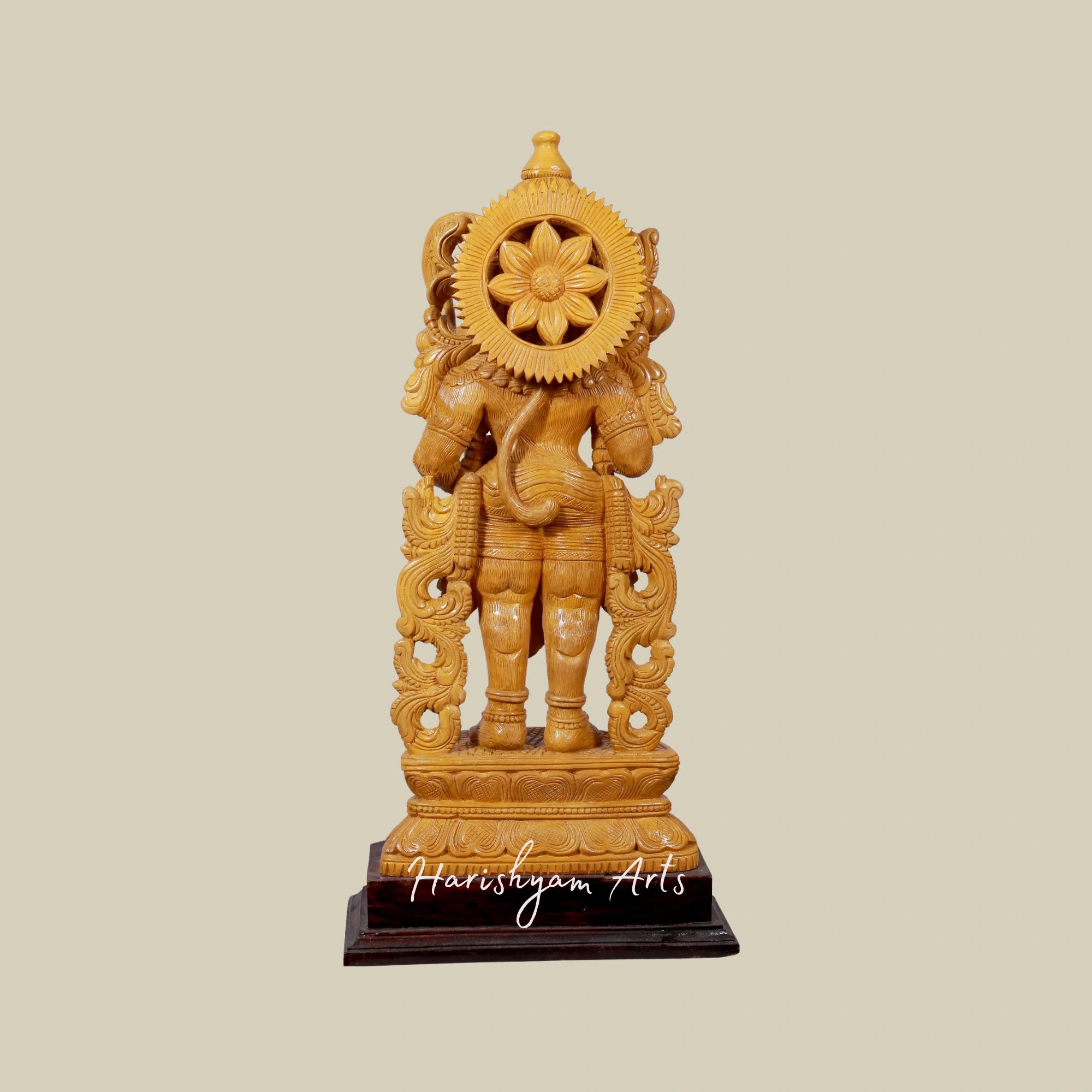 24" Lord Hanuman Wooden Statue with Gada on Ornate Pedestal12