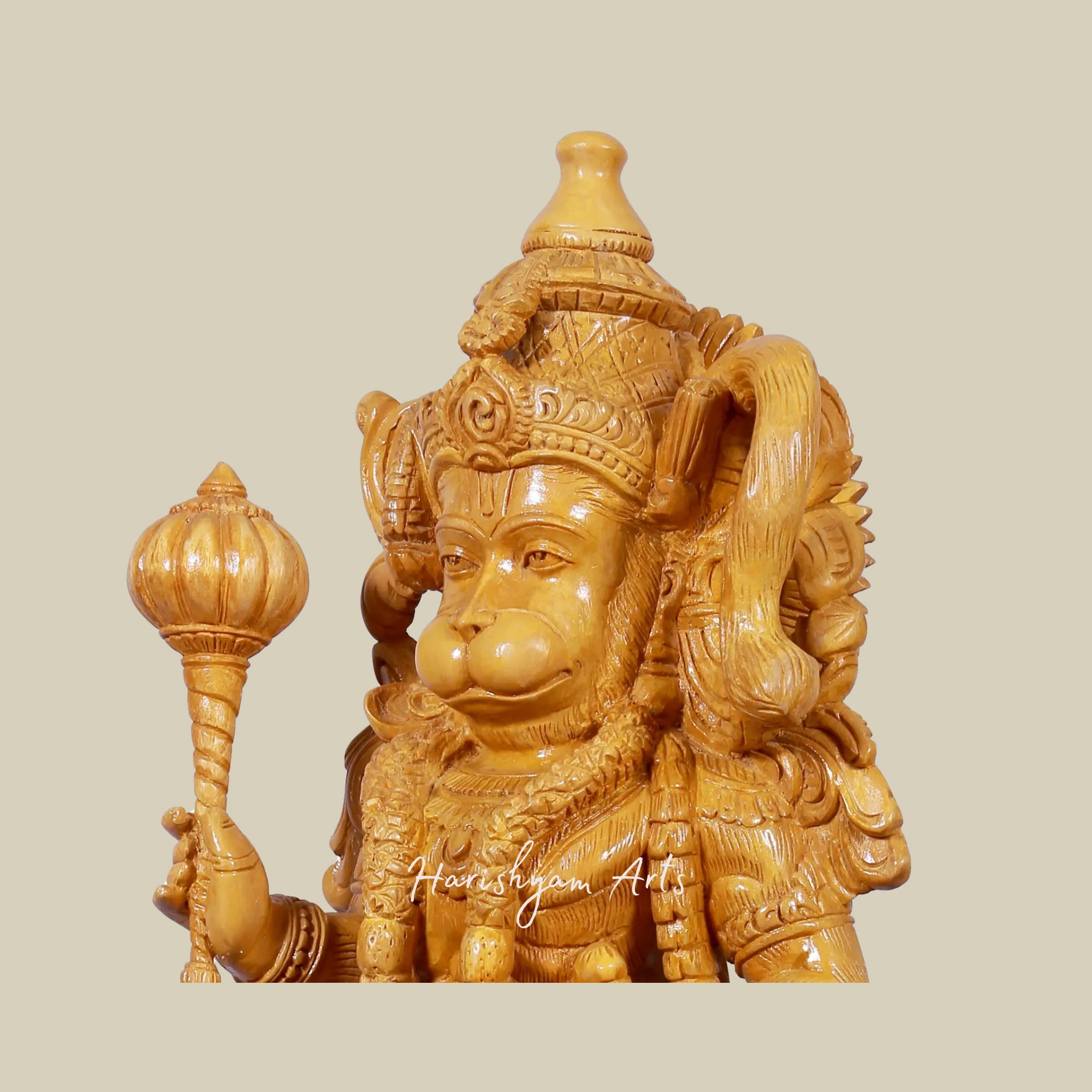 24" Lord Hanuman Wooden Statue with Gada on Ornate Pedestal4