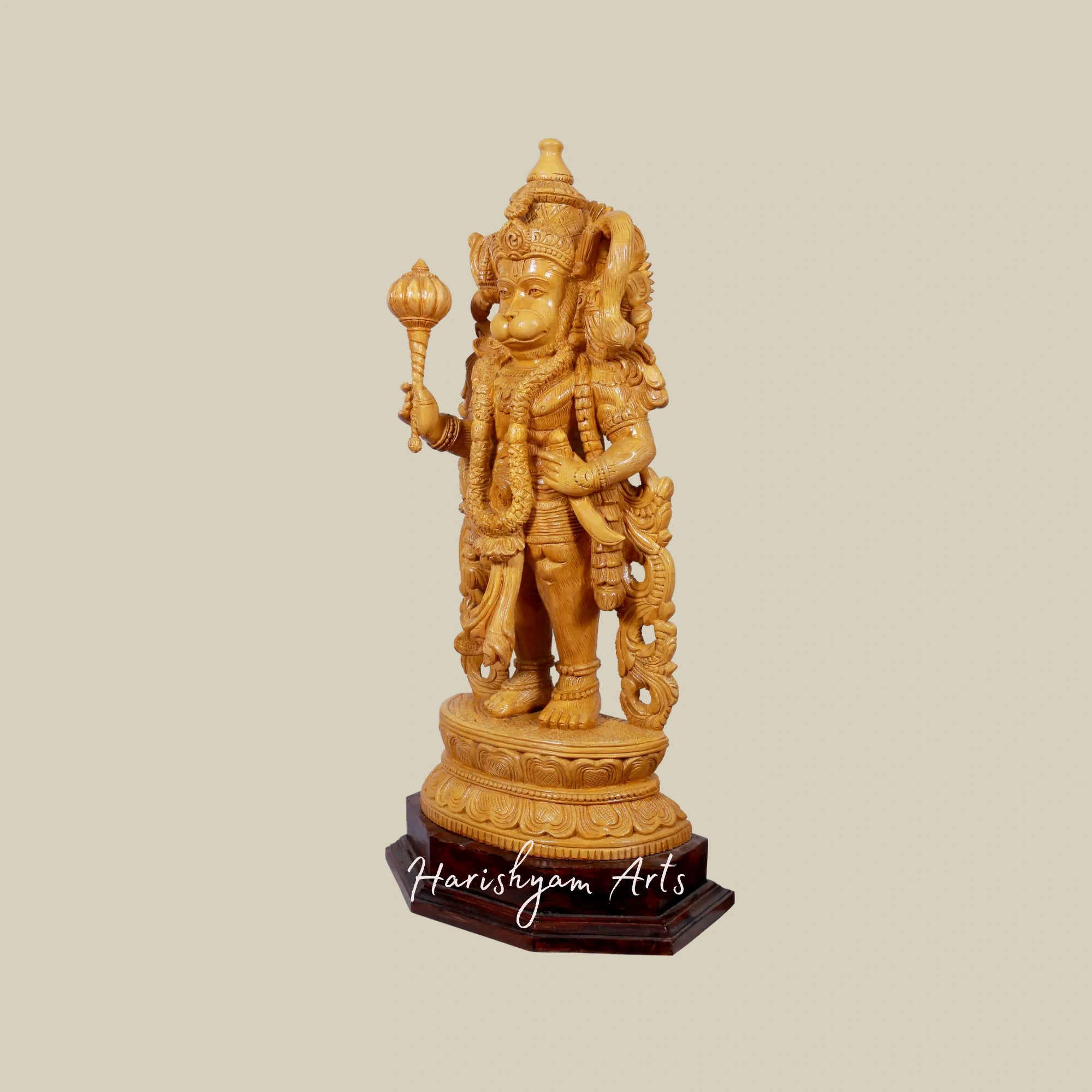 24" Lord Hanuman Wooden Statue with Gada on Ornate Pedestal5