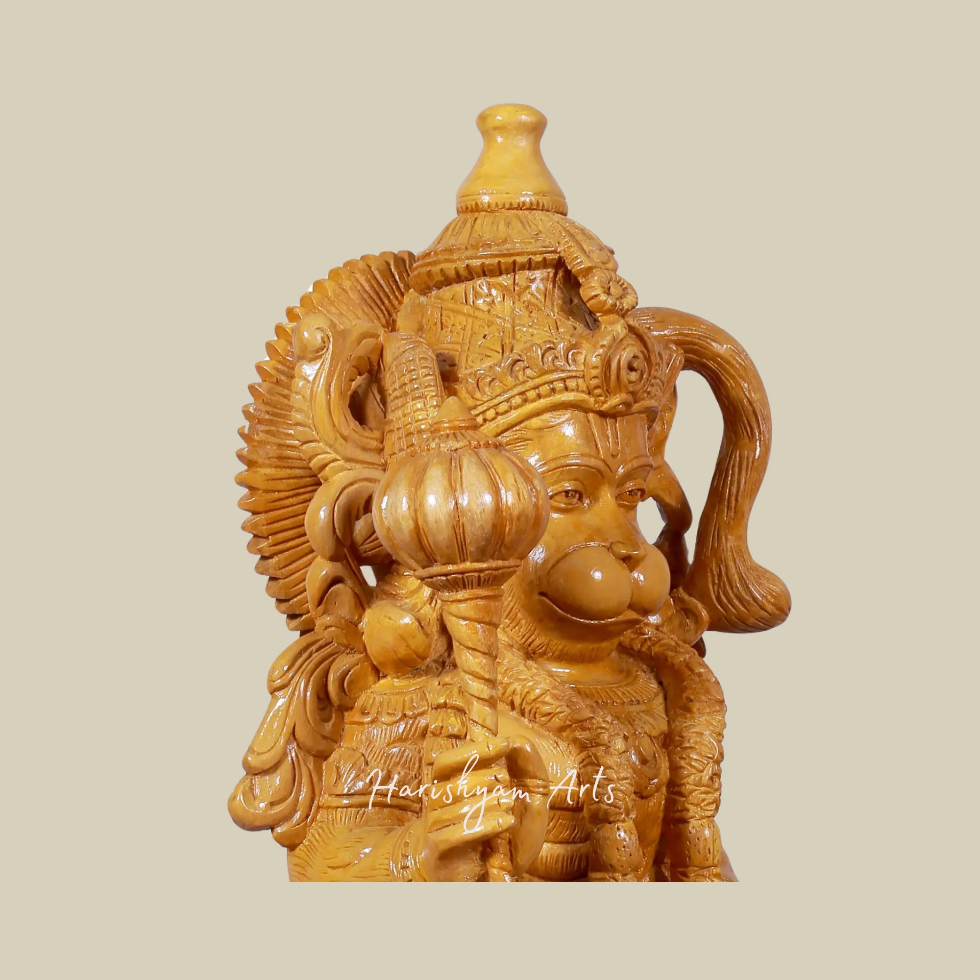 24" Lord Hanuman Wooden Statue with Gada on Ornate Pedestal8