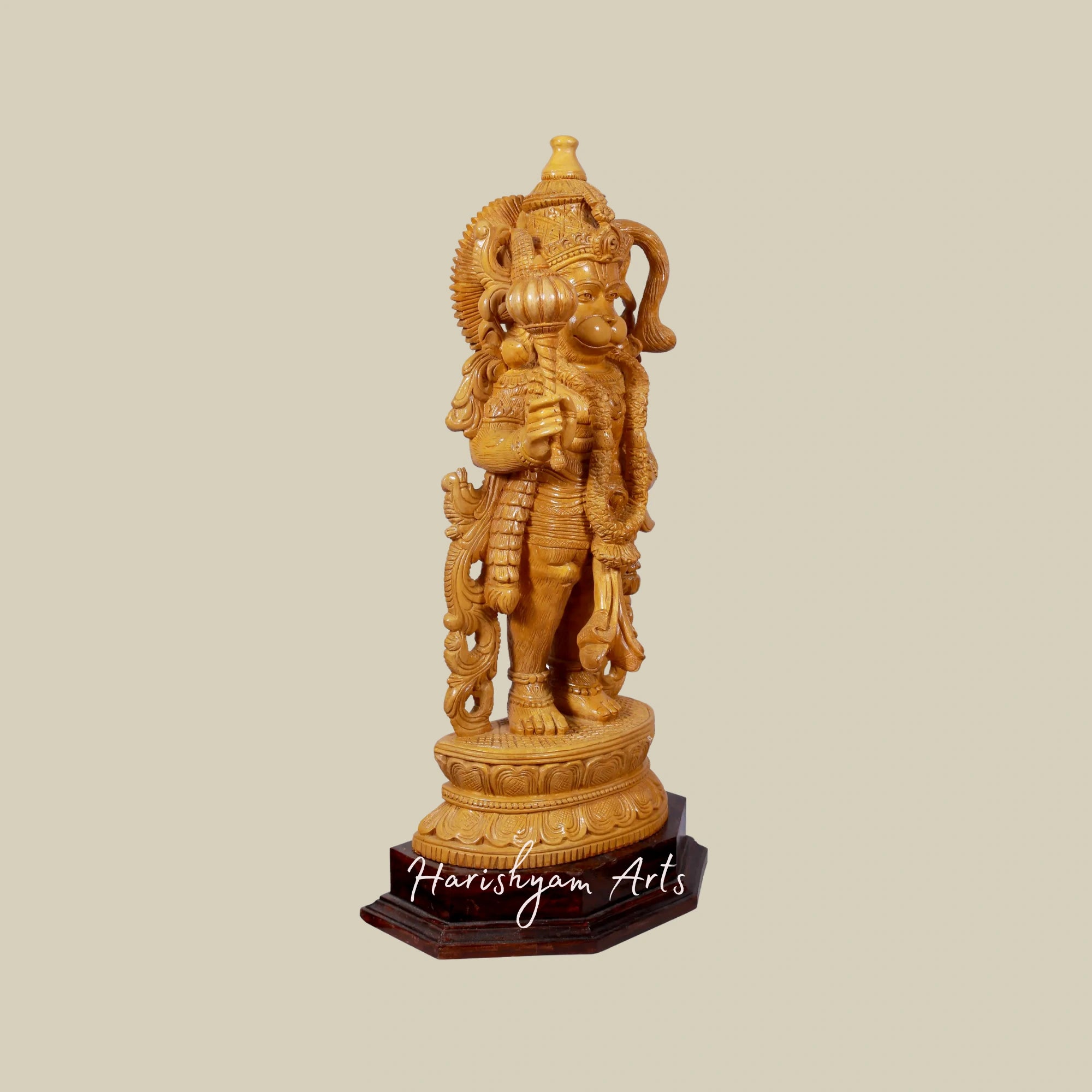 24" Lord Hanuman Wooden Statue with Gada on Ornate Pedestal9