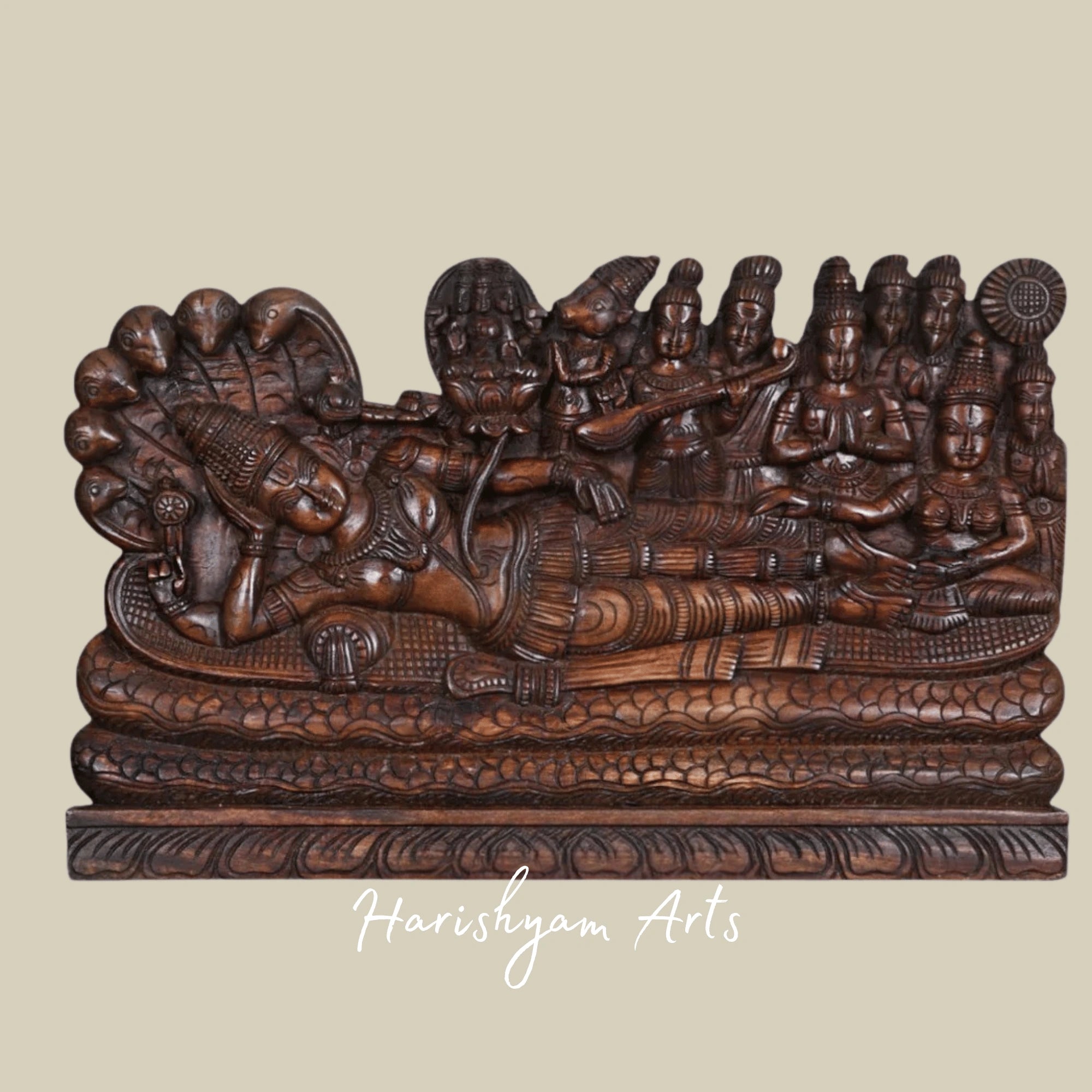 24" Lord Padmanabhaswamy Reclining on Adisesha Intricate Wooden Panel
