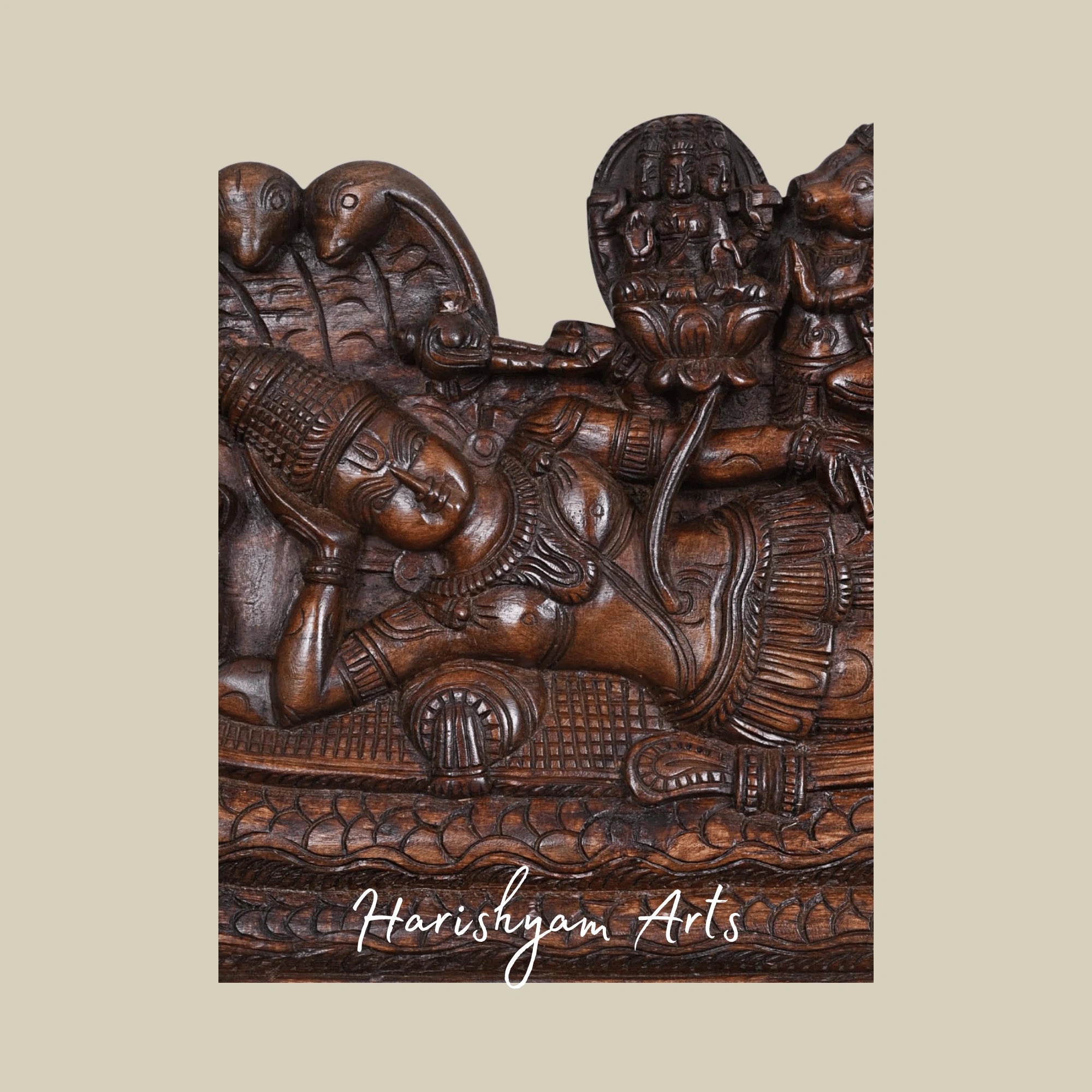 24" Lord Padmanabhaswamy Reclining on Adisesha Intricate Wooden Panel