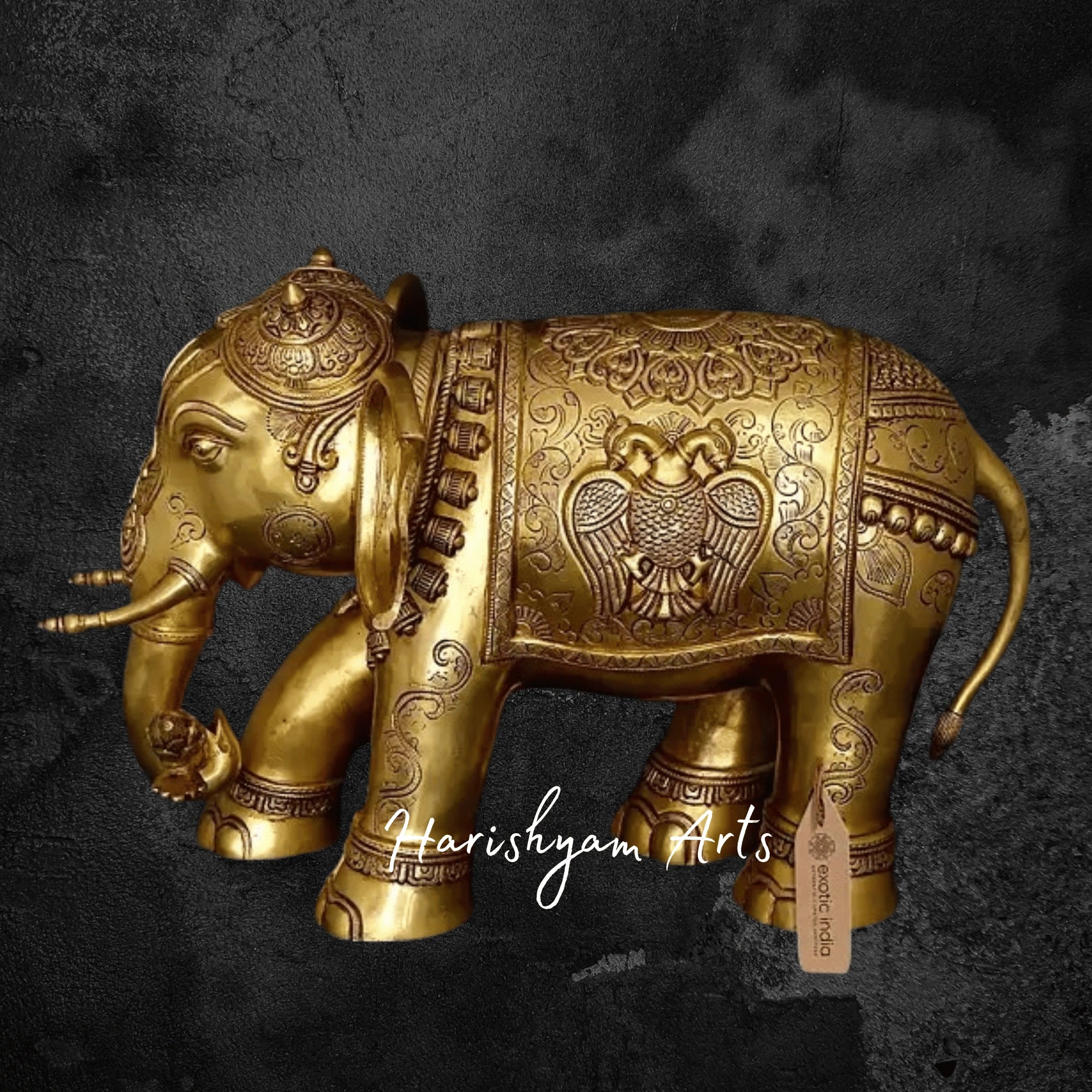 24" Majestic Brass Elephant Figurine with Intricate Carvings for Home Decor