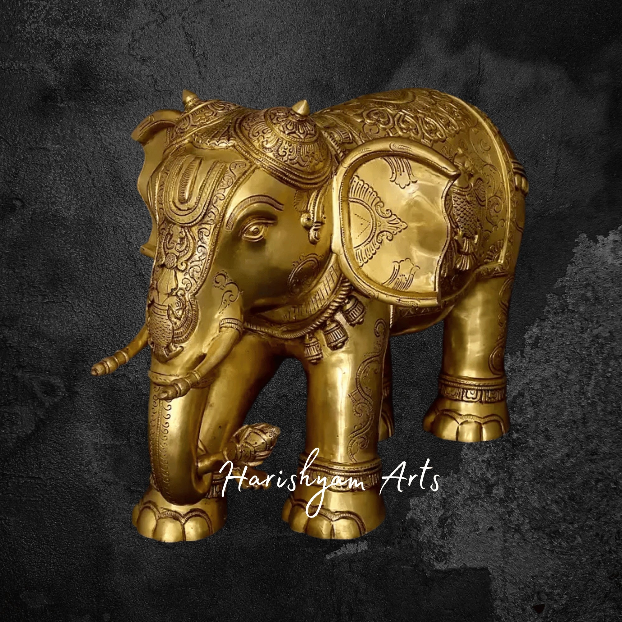 24" Majestic Brass Elephant Figurine with Intricate Carvings for Home Decor