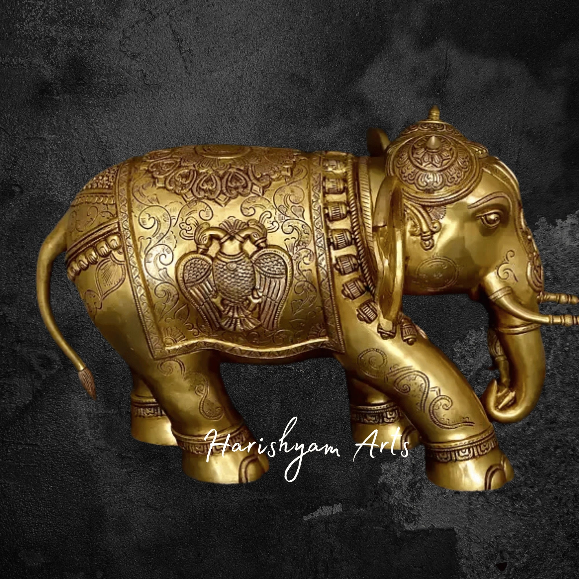 24" Majestic Brass Elephant Figurine with Intricate Carvings for Home Decor