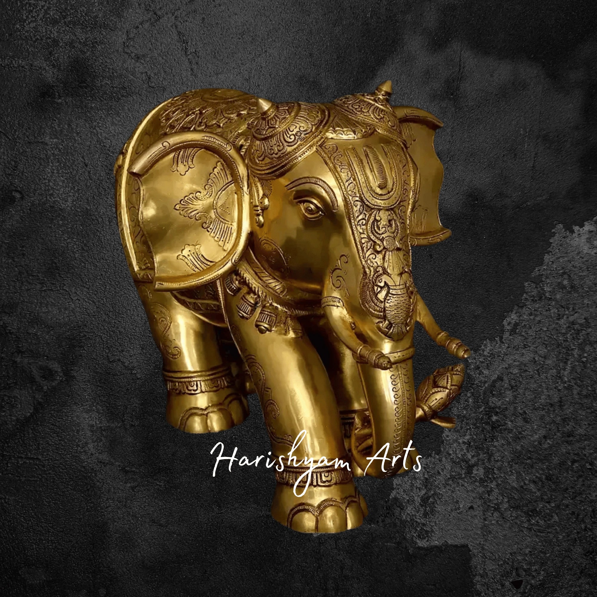 24" Majestic Brass Elephant Figurine with Intricate Carvings for Home Decor
