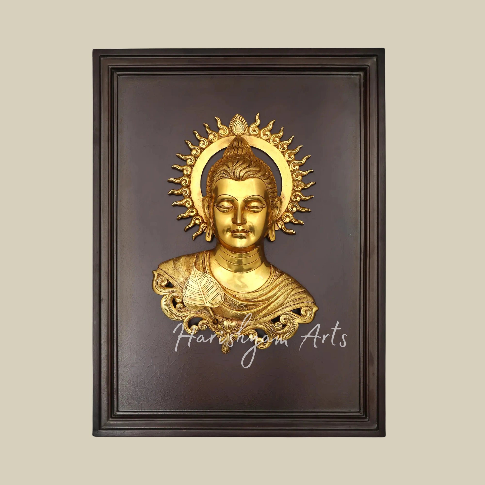 24" Meditating Buddha Brass Wall Sculpture with Wooden Frame