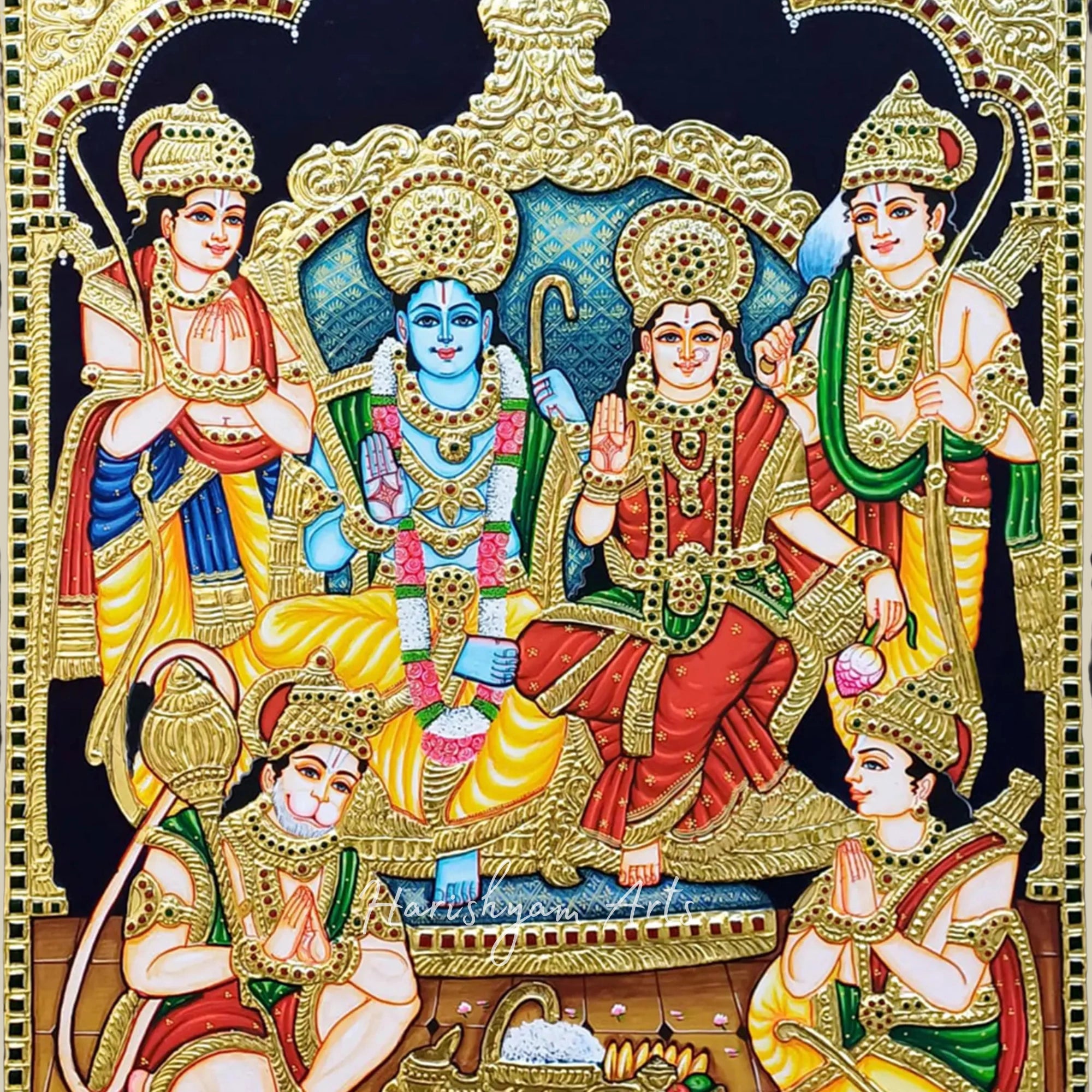 24" Ram Darbar Tanjore Painting in Traditional Colors with Intricate Gold Work