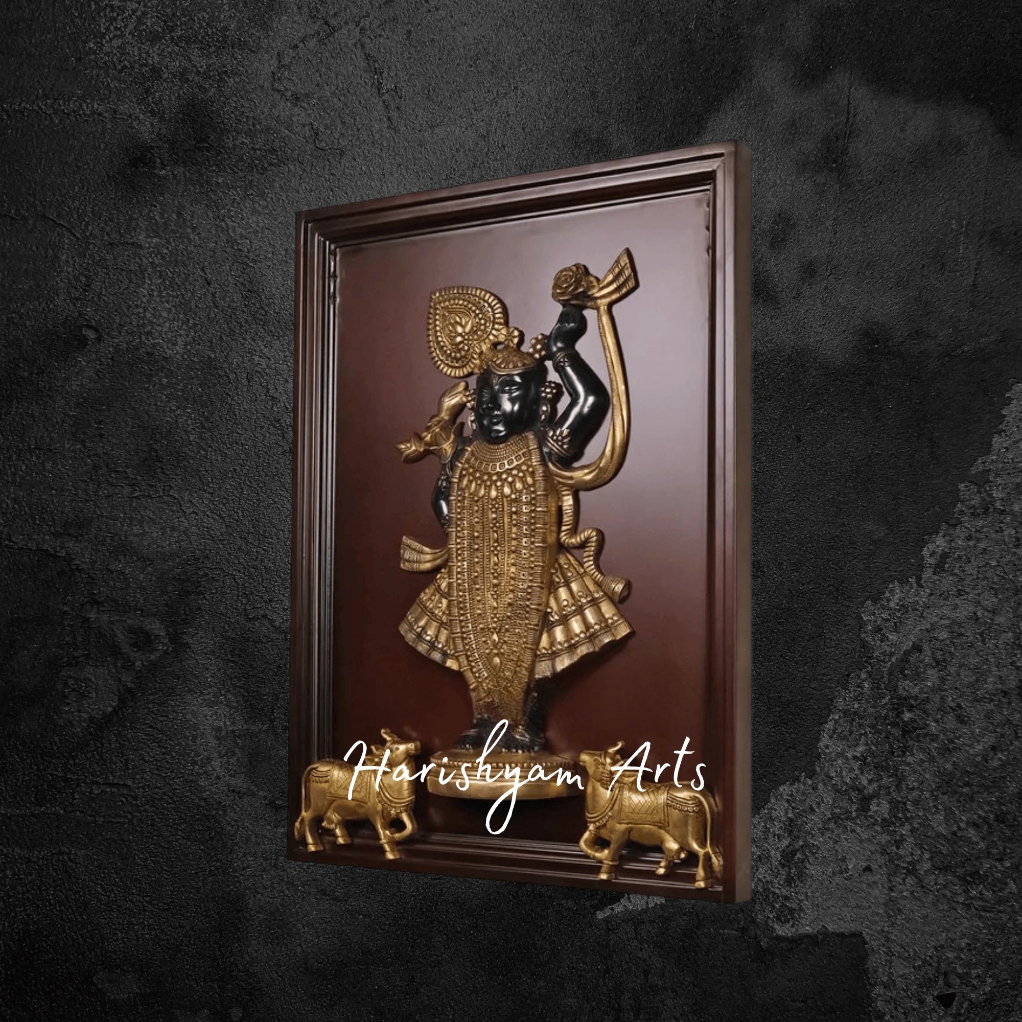 24" Sacred Shreenath Ji Brass Statue with Cow in Ornate Frame
