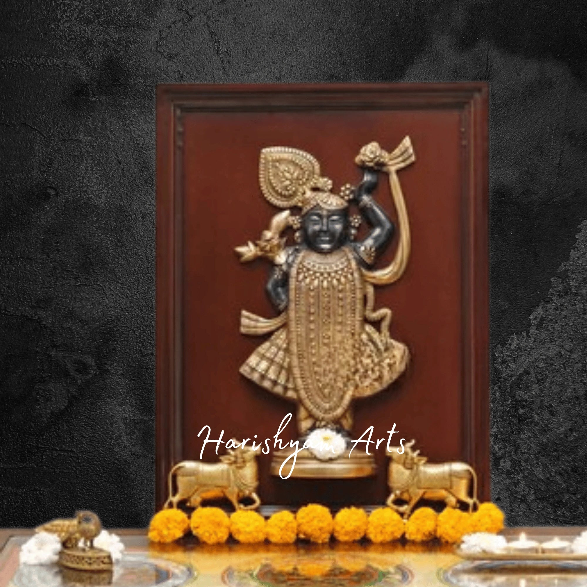 24" Sacred Shreenath Ji Brass Statue with Cow in Ornate Frame