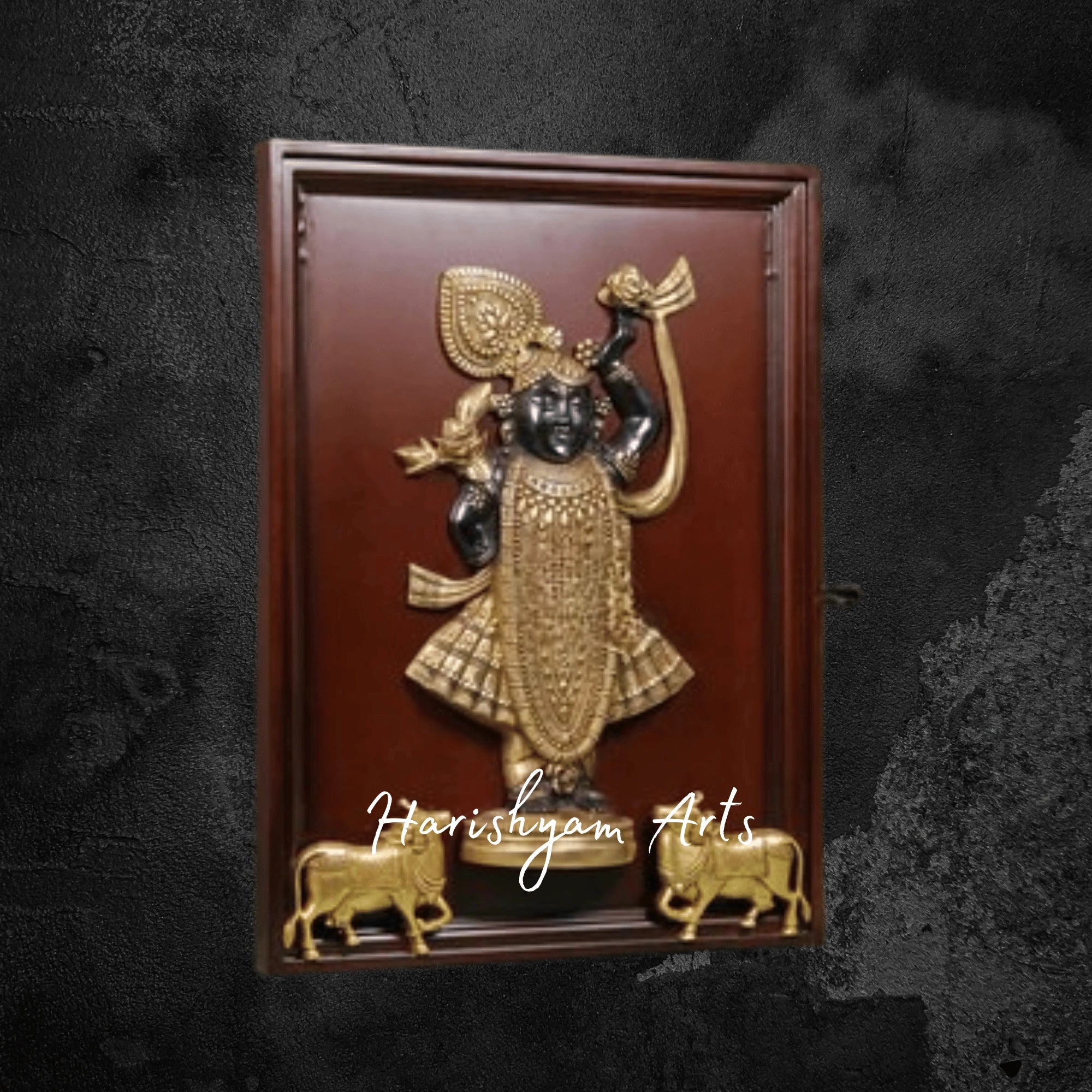 24" Sacred Shreenath Ji Brass Statue with Cow in Ornate Frame