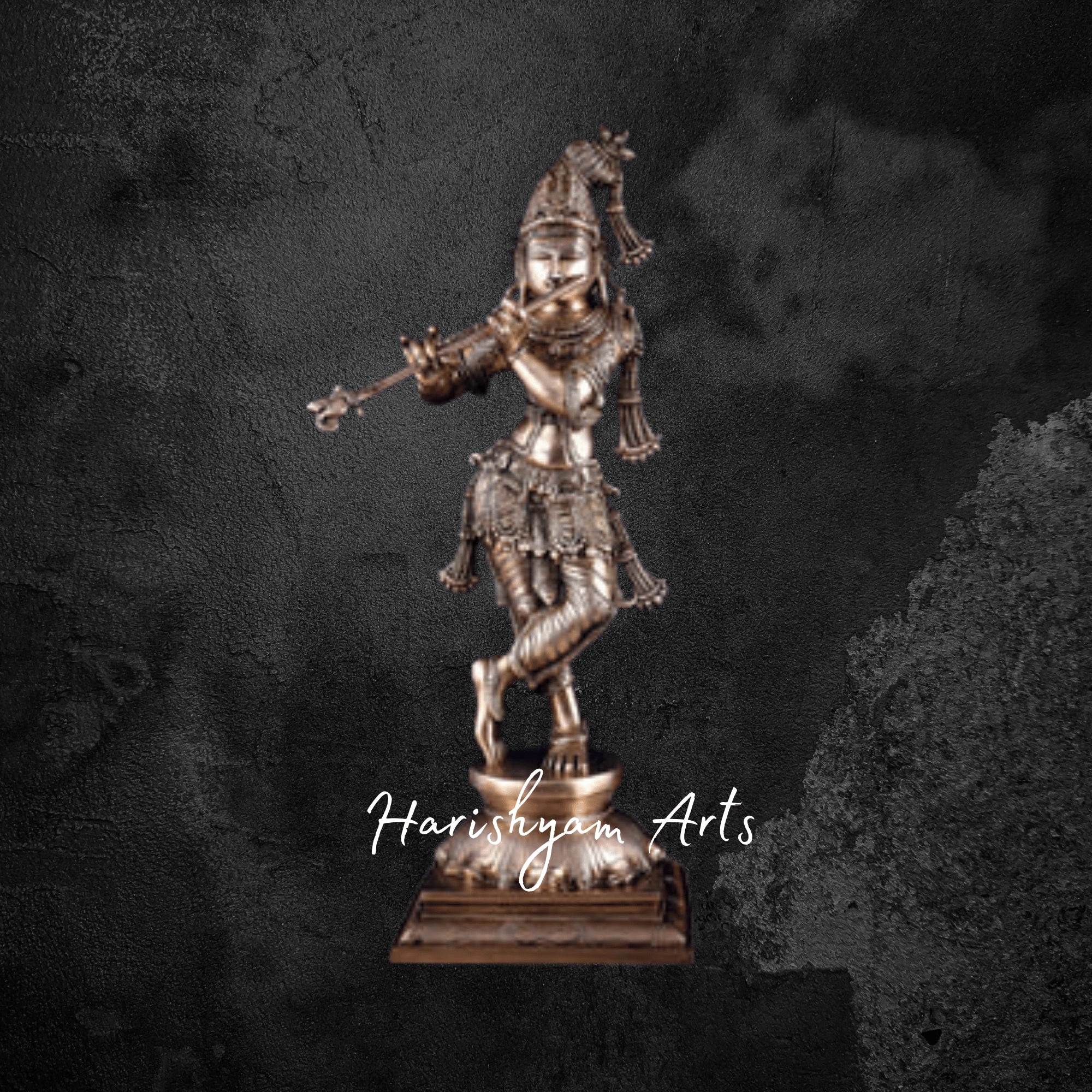 24" Seated Brass Krishna with Cow on Ornamental Round Base