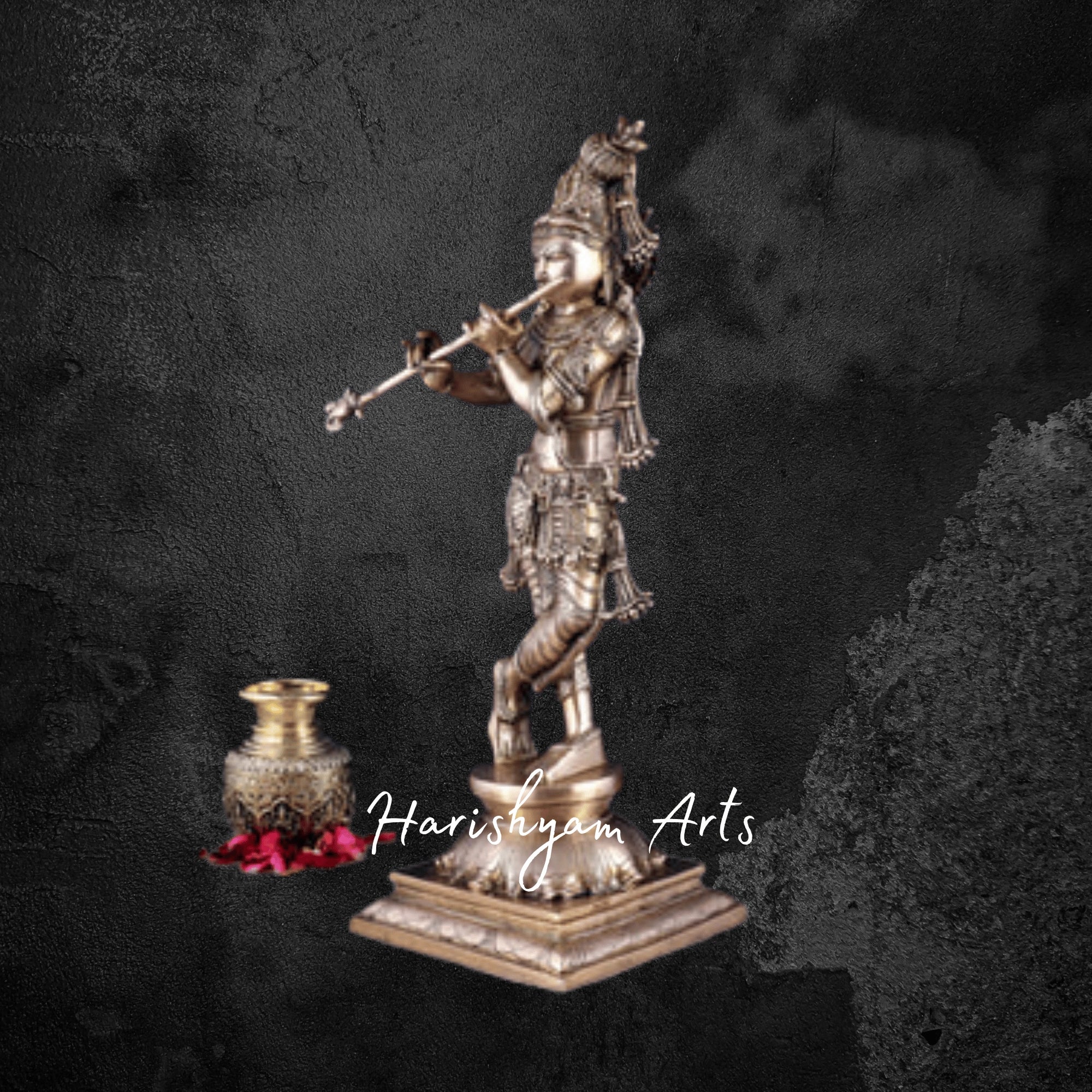 24" Seated Brass Krishna with Cow on Ornamental Round Base