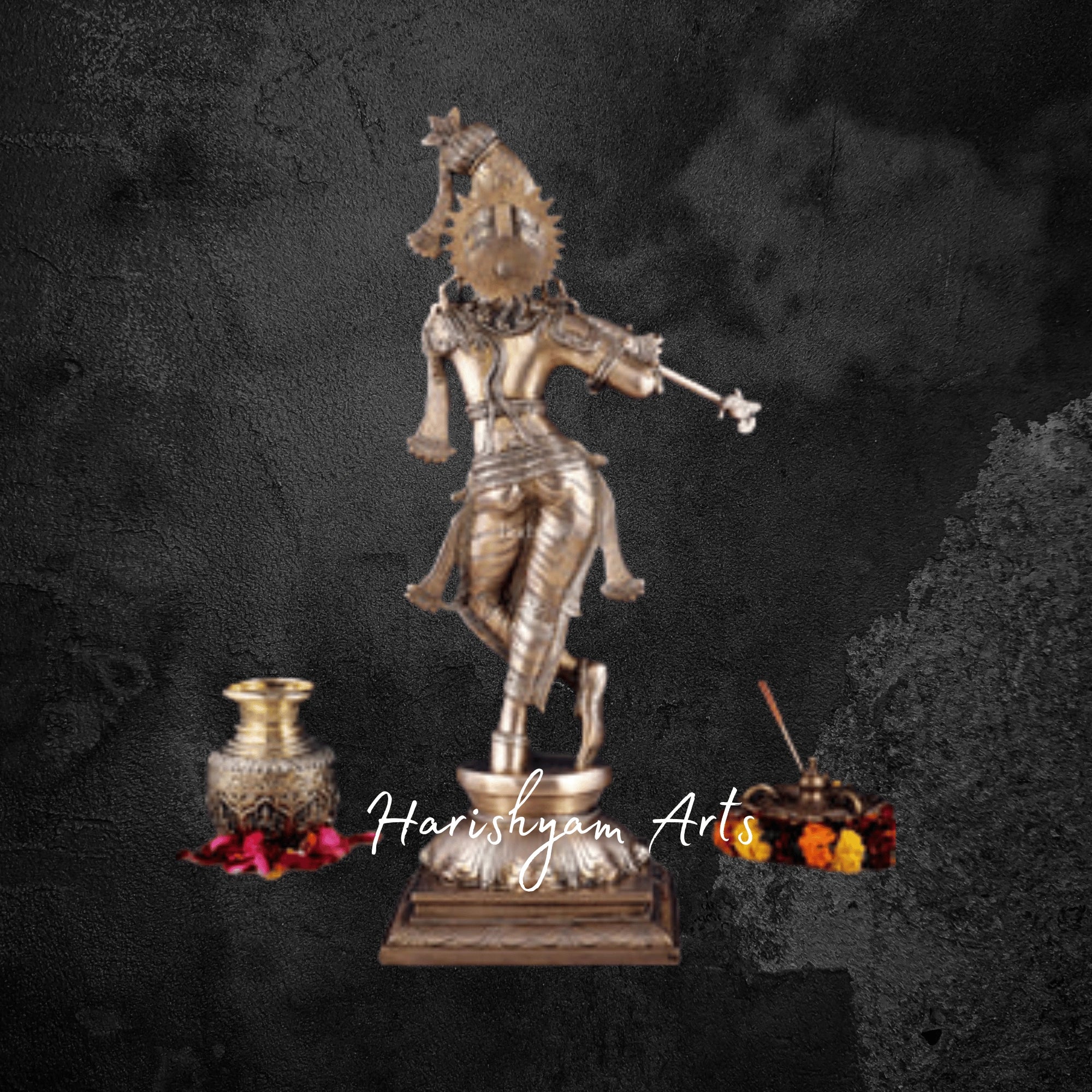 24" Seated Brass Krishna with Cow on Ornamental Round Base