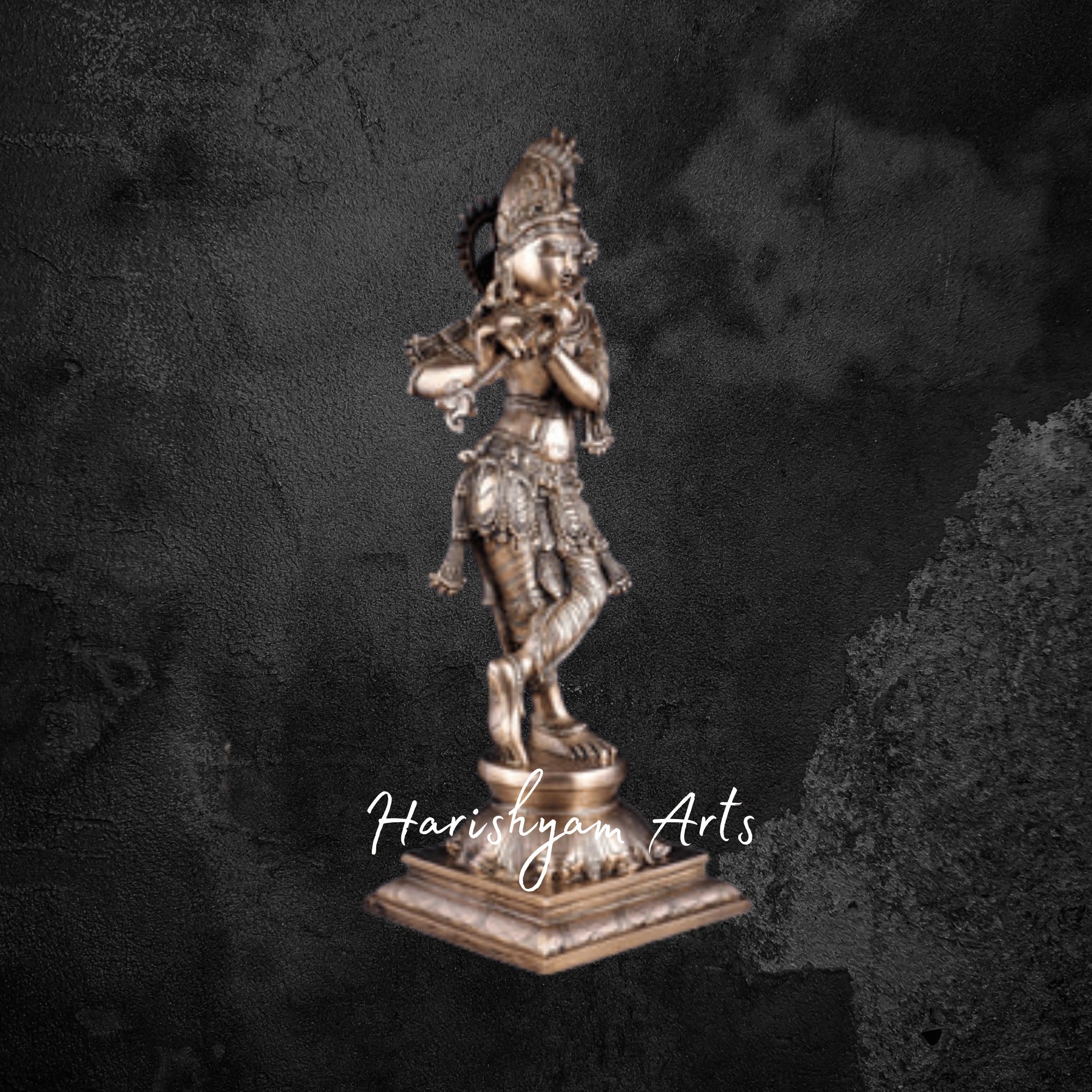 24" Seated Brass Krishna with Cow on Ornamental Round Base