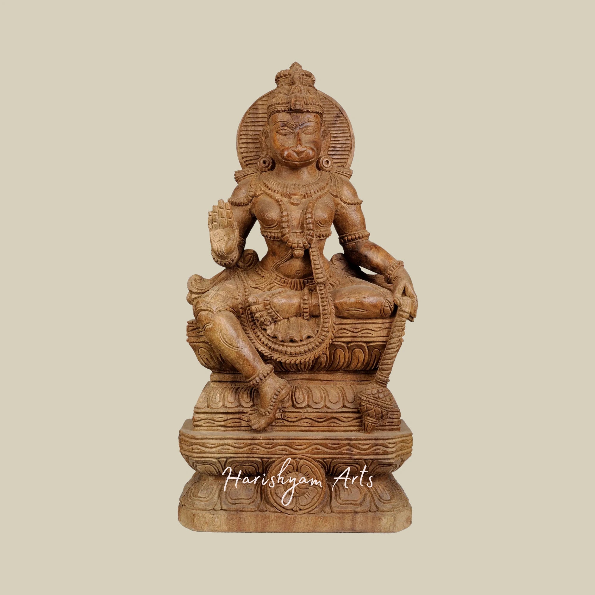 24" Seated Lord Hanuman on Lotus Throne Wooden Sculpture