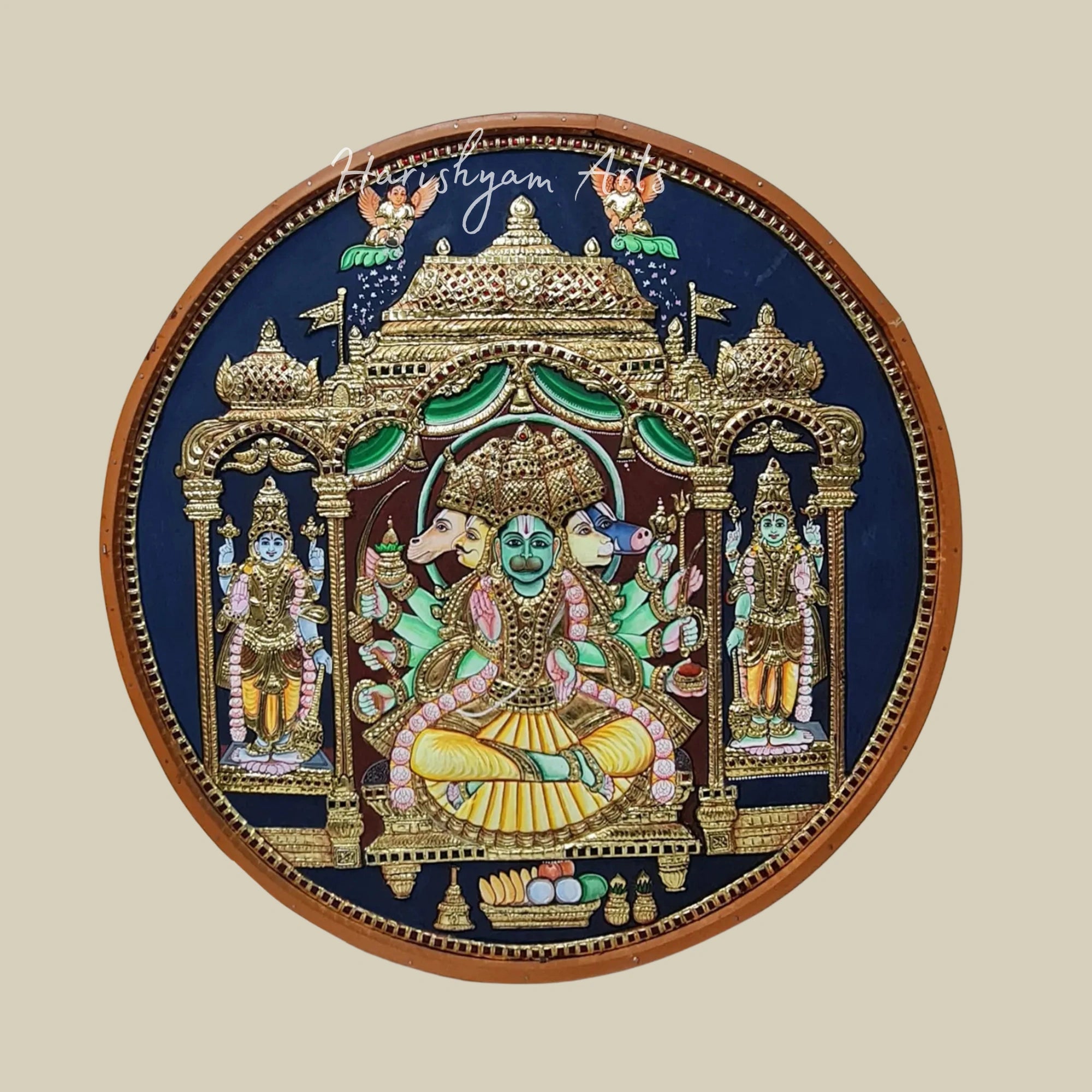 24" Seated Panchmukhi Hanuman Tanjore Painting for Worship Spaces