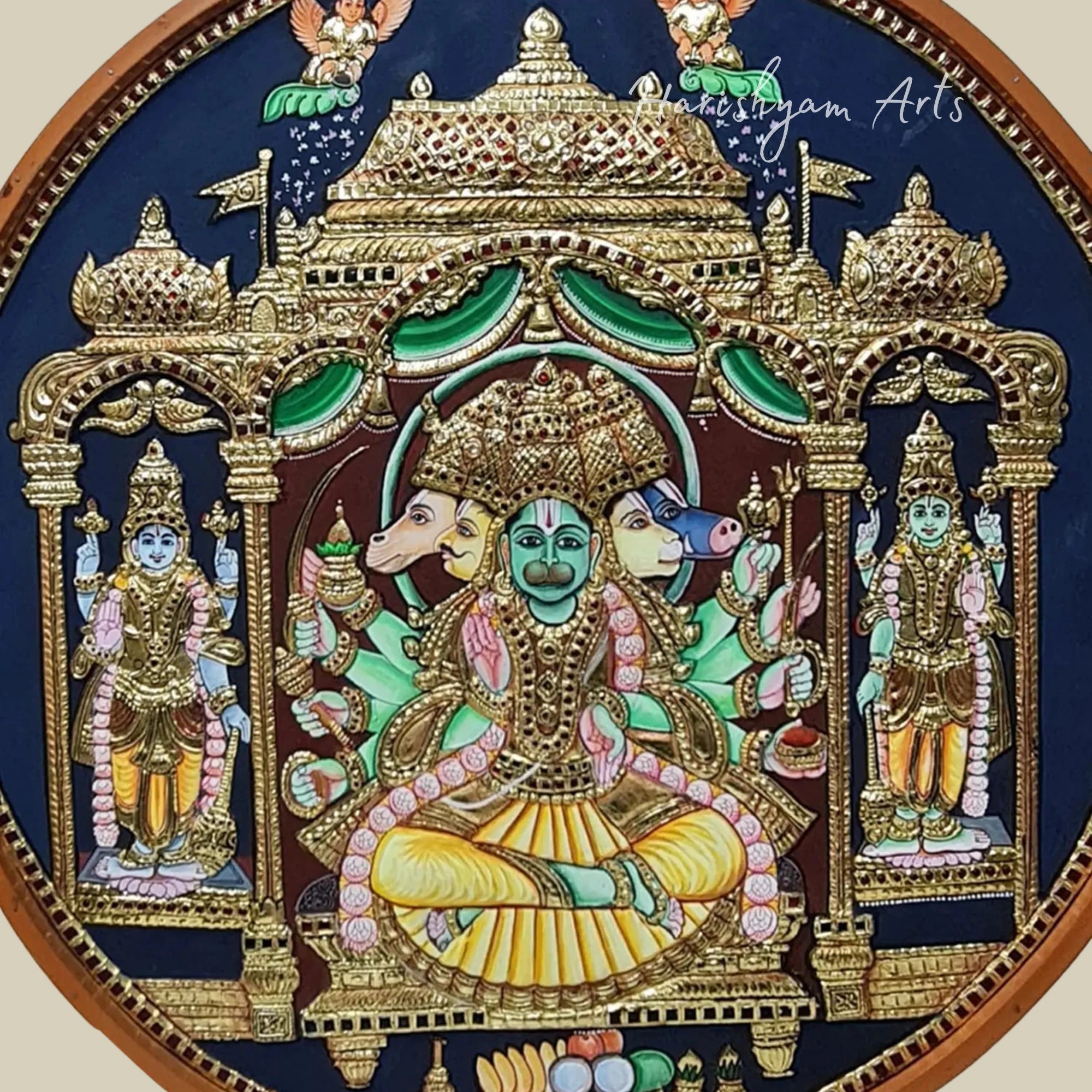 24" Seated Panchmukhi Hanuman Tanjore Painting for Worship Spaces1