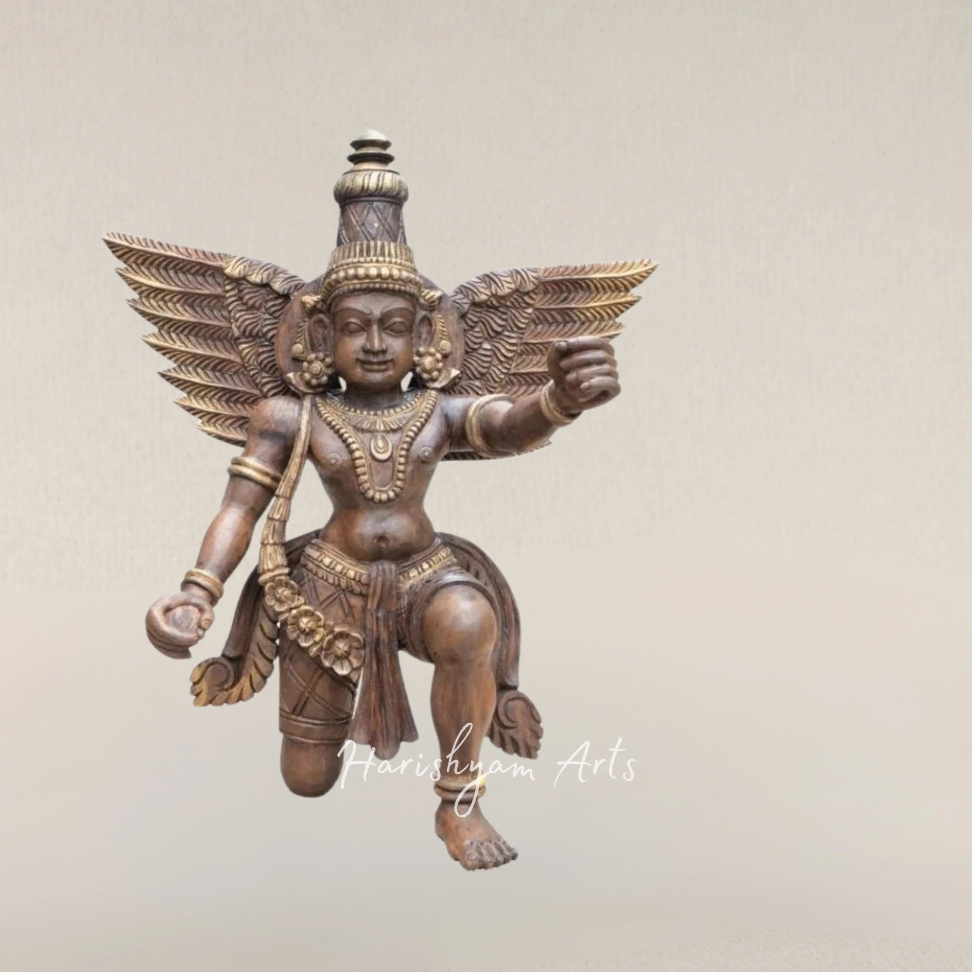 24" Sitting Garuda Tabletop Artwork Woodcarved Symbol of Devotion and Protection